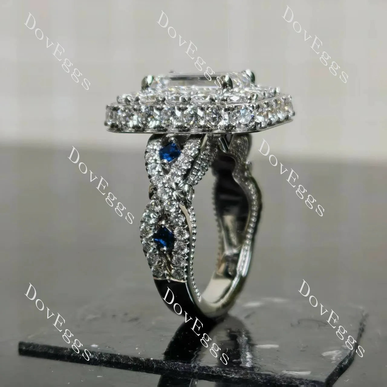 Emerald halo pave vintage moissnaite engagement ring| Doveggs