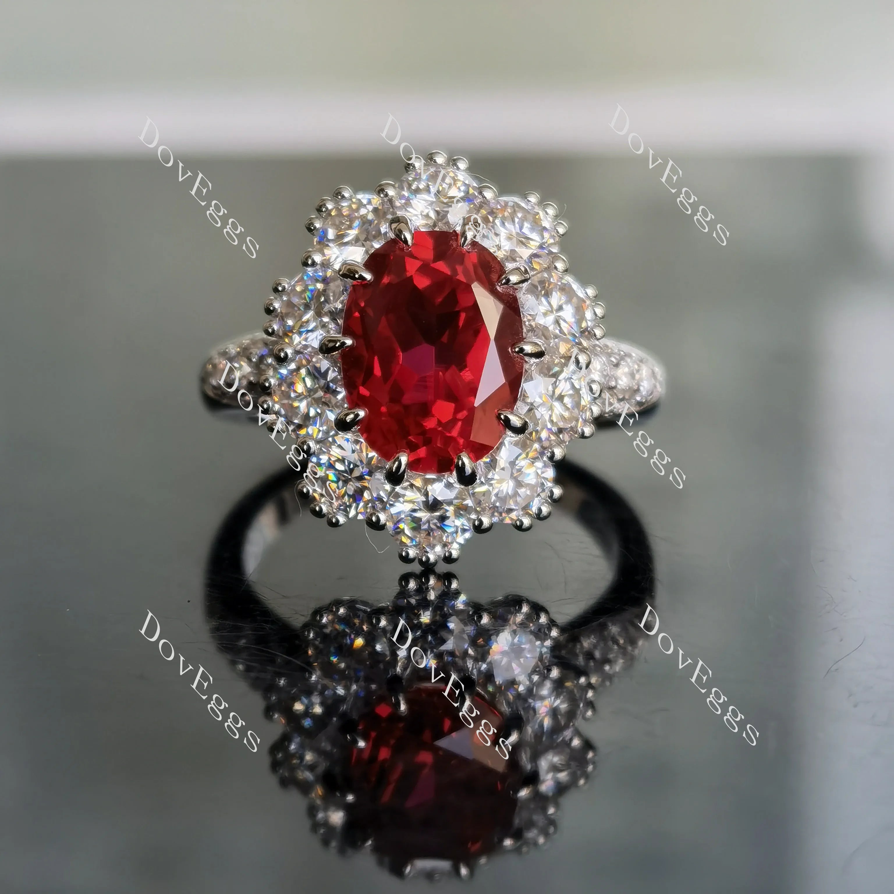 Oval floral halo pave colored gem engagement ring| DovEggs