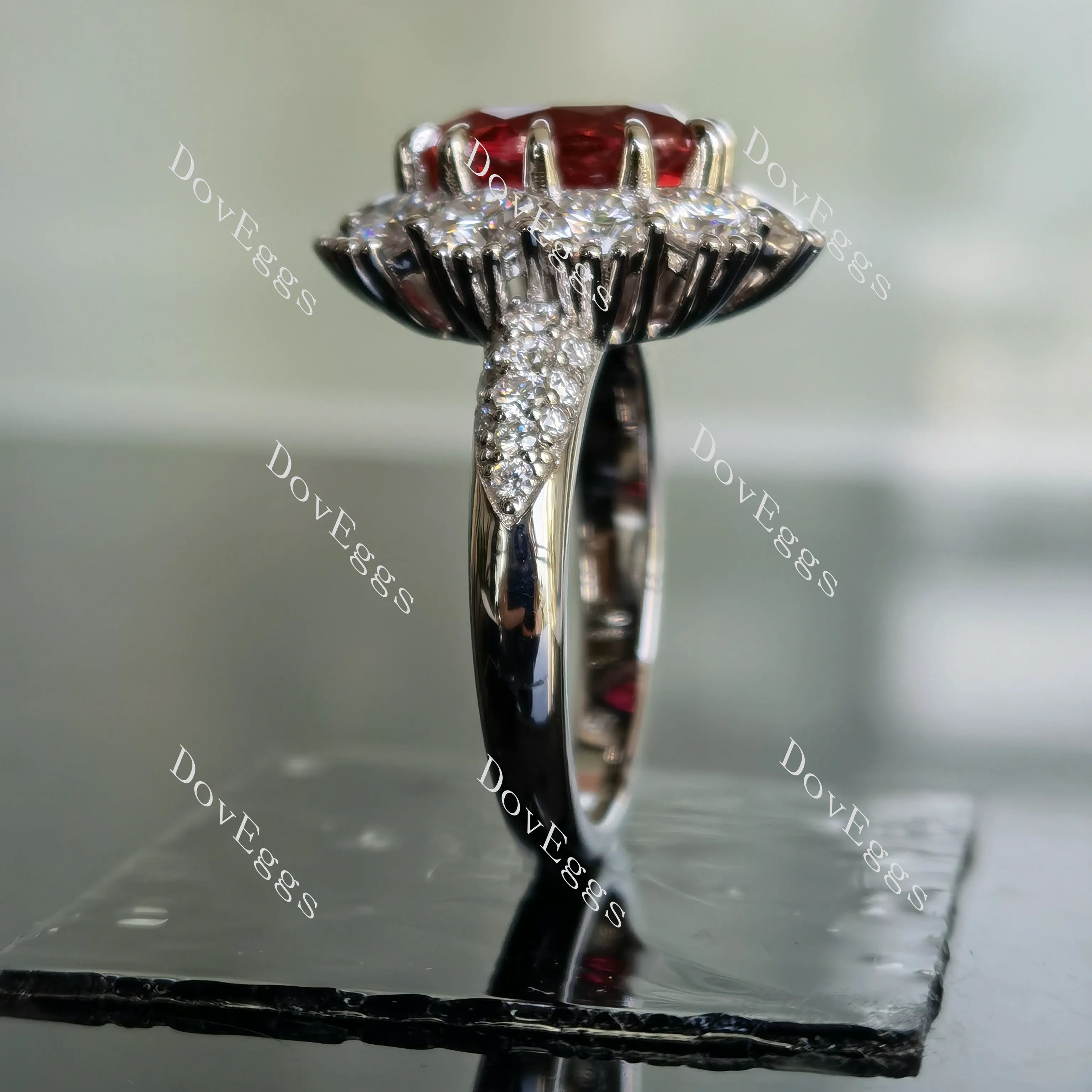 Oval floral halo pave colored gem engagement ring| DovEggs