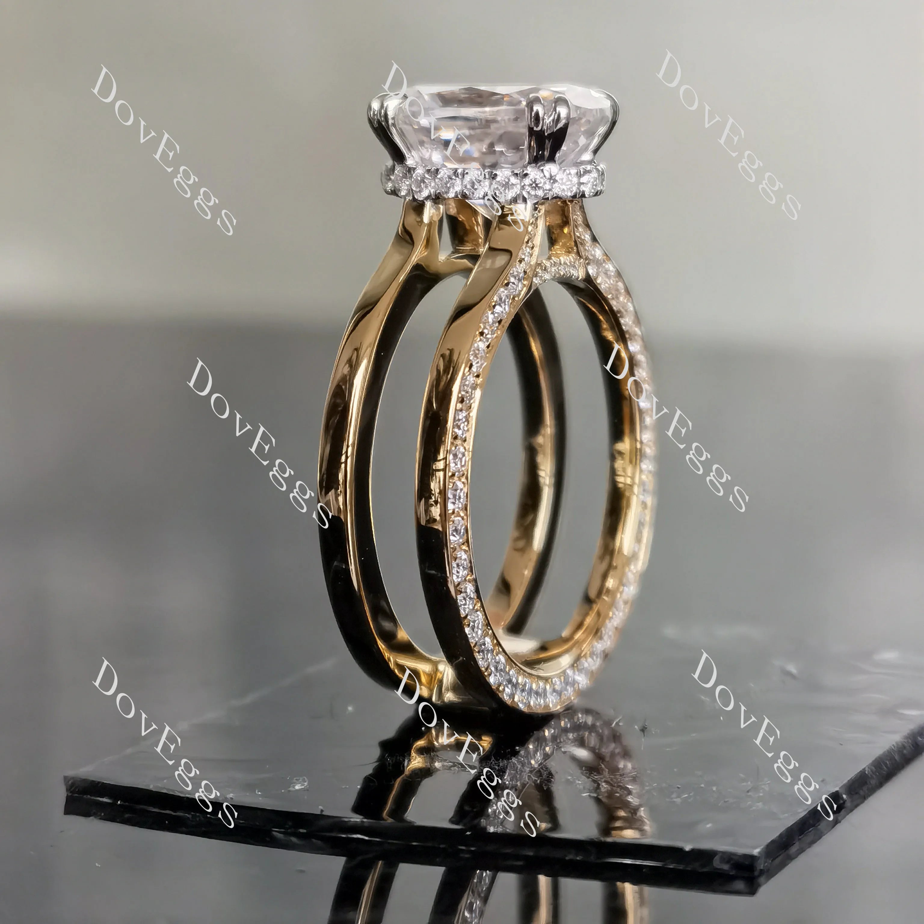 Oval hidden halo pave moissanite engagement ring| DovEggs