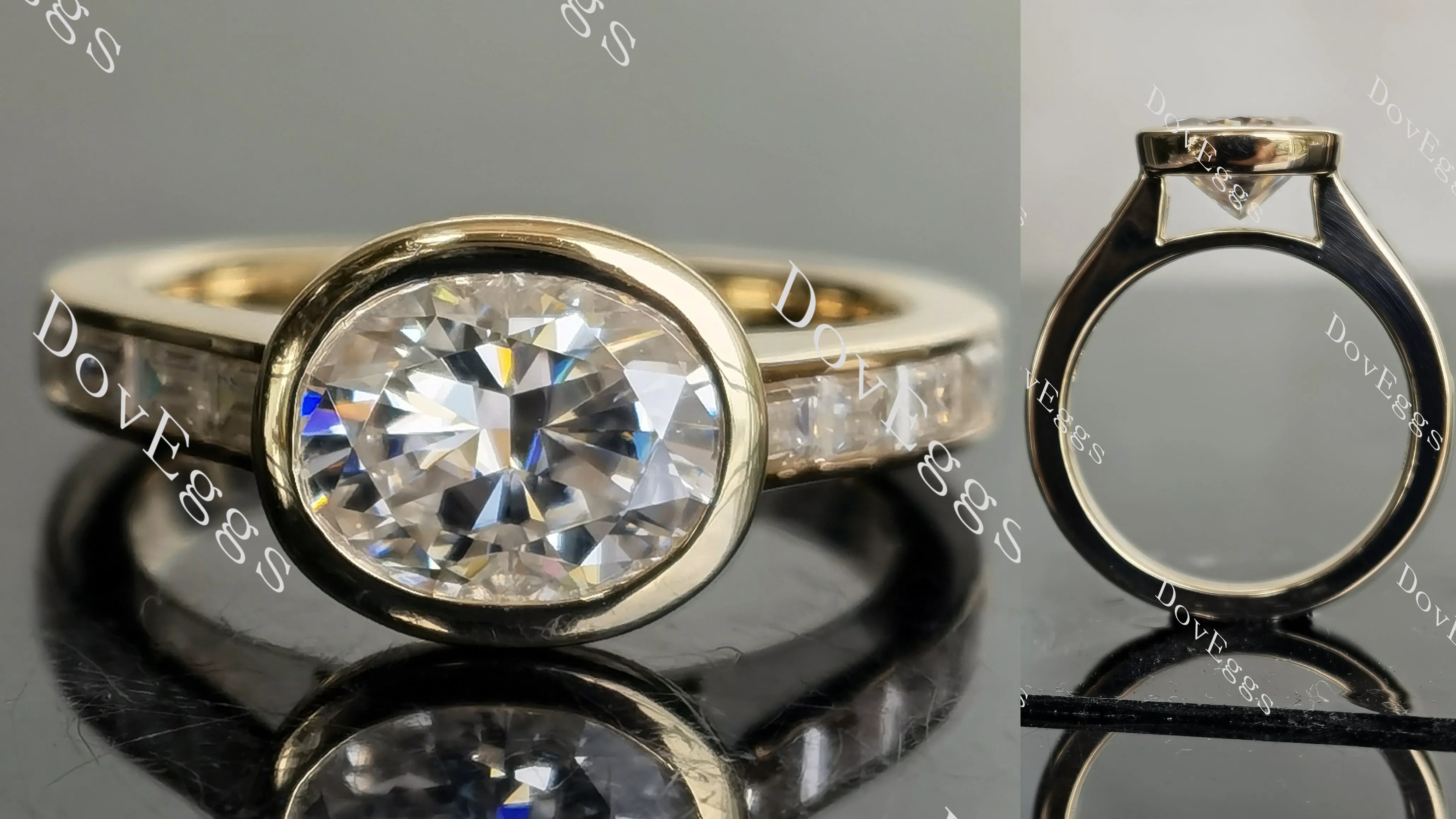 Oval bezel channel set moissanite engagement ring| DovEggs