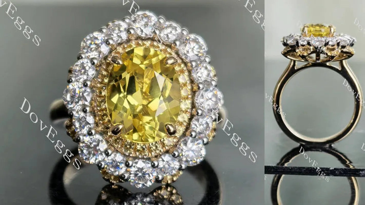 Oval floral double halo colored gem engagement ring| Doveggs