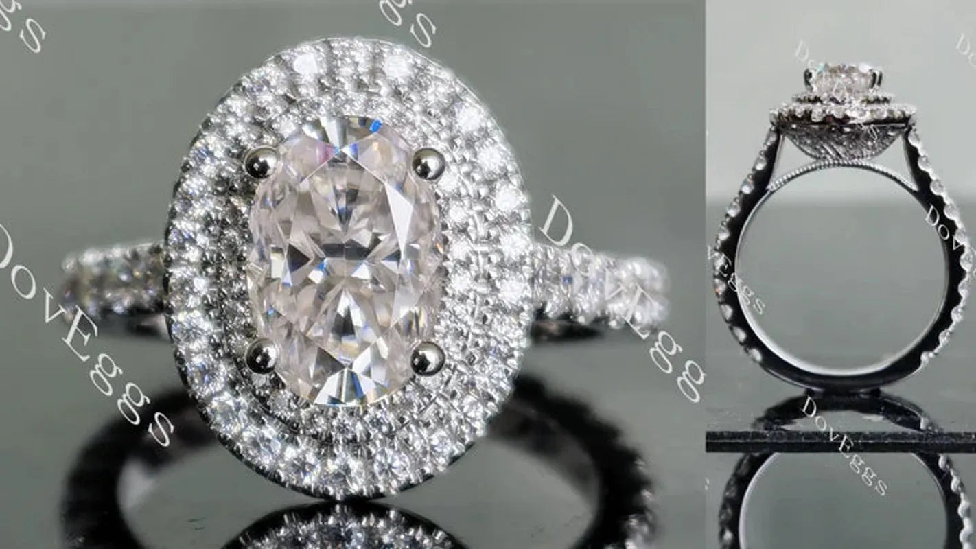 Oval double halo pave moissanite engagement ring| Doveggs