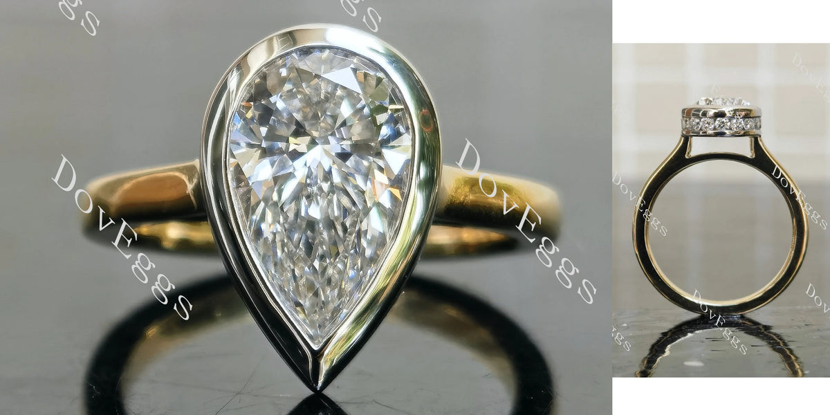 Pear bezel hidden halo moissanite engagement ring| Doveggs