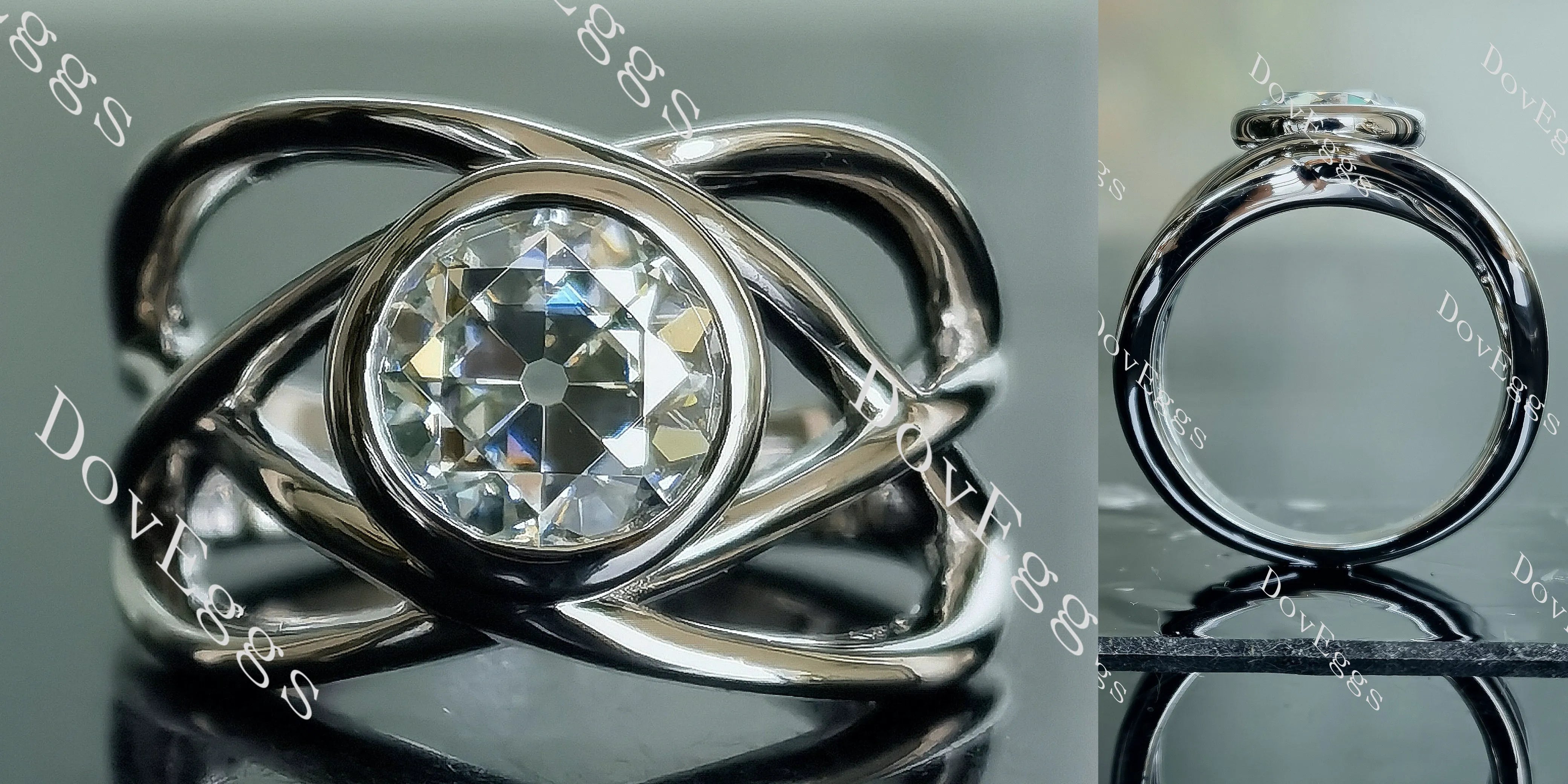 Doveggs round bezel split shank colored moissanite engagement ring