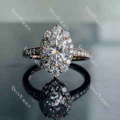 Oval halo half eternity pave moissanite engagement ring| DovEggs