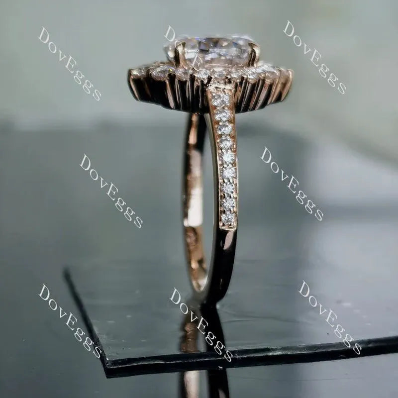 Oval halo half eternity pave moissanite engagement ring| DovEggs