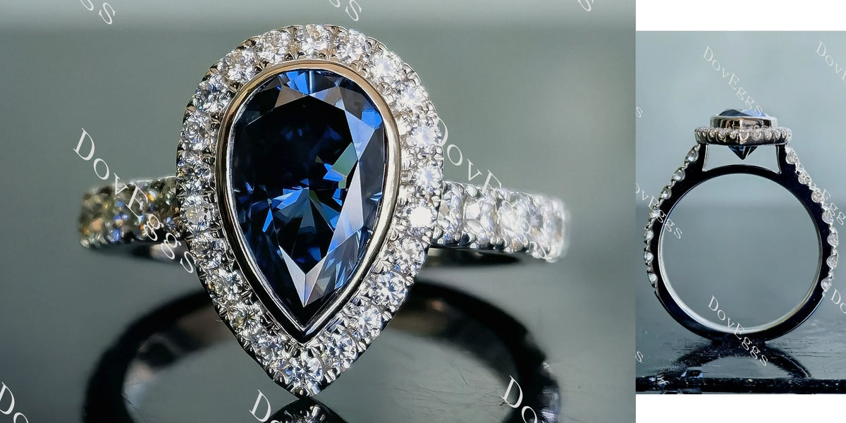 DovEggs pear halo bezel pave twilight blue moissanite engagement ring