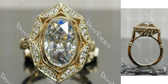 Oval vintage art deco bezel halo moissanite engagement ring| DovEggs
