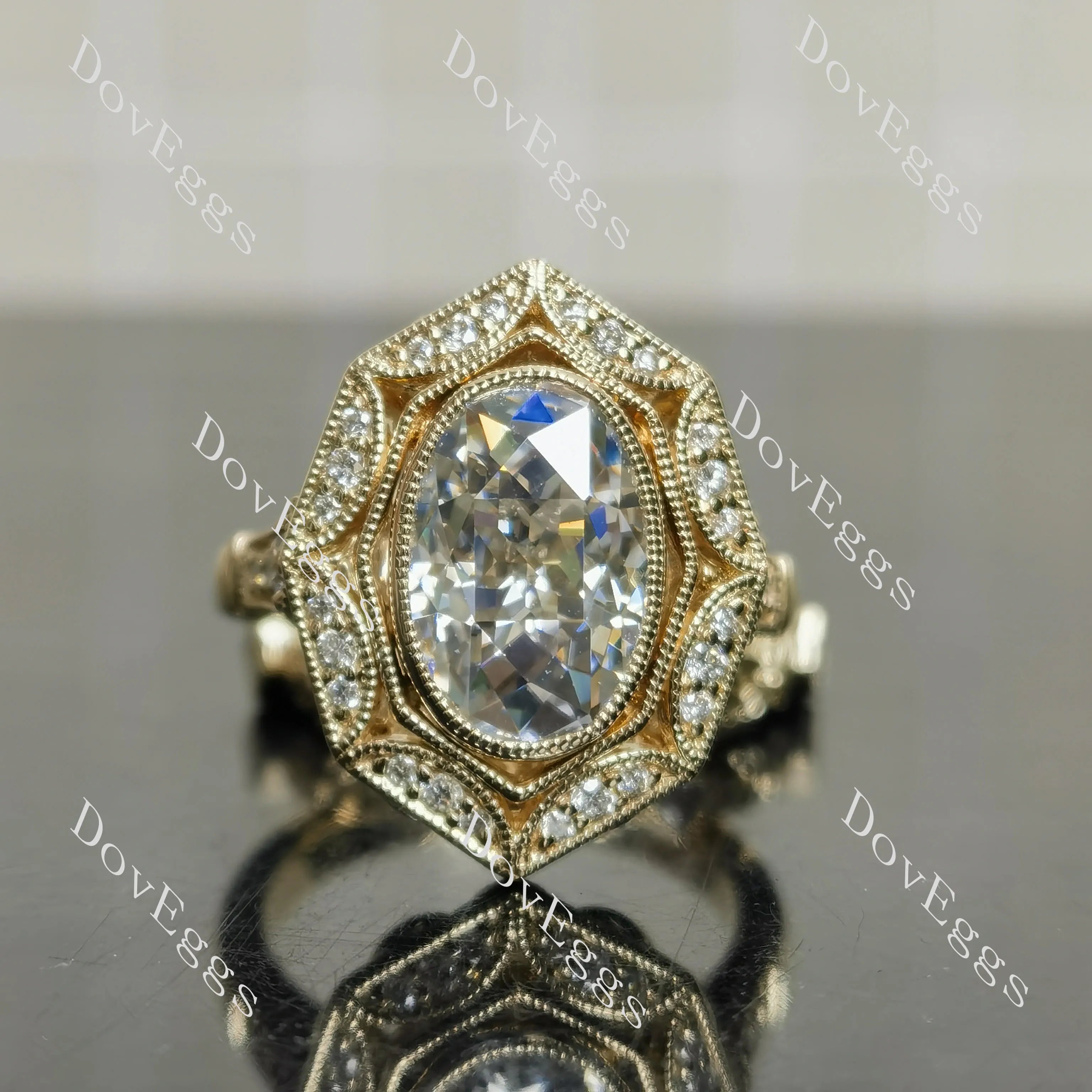 Oval vintage art deco bezel halo moissanite engagement ring| DovEggs