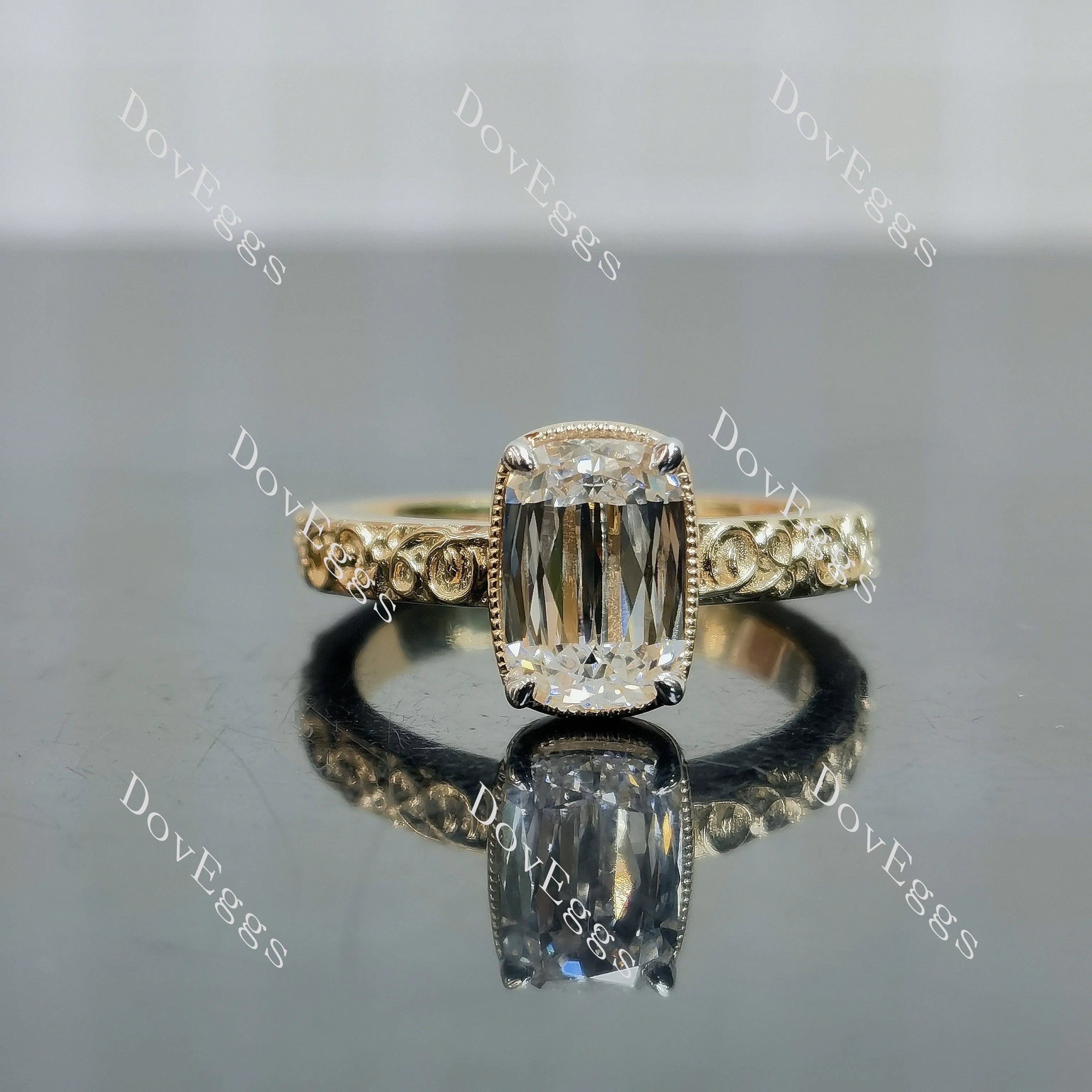 Modified elongated cushion carved vintage brilliant moissanite engagement ring| DovEggs
