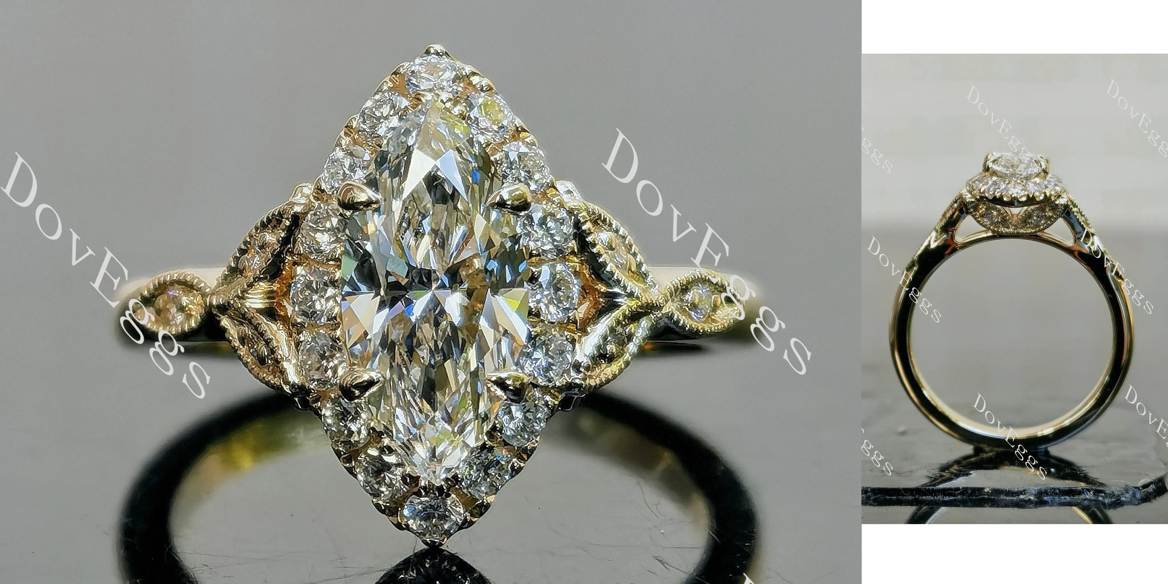 Doveggs Marquise Halo Side Stones Art Deco Lab Grown Diamond Engagement Ring