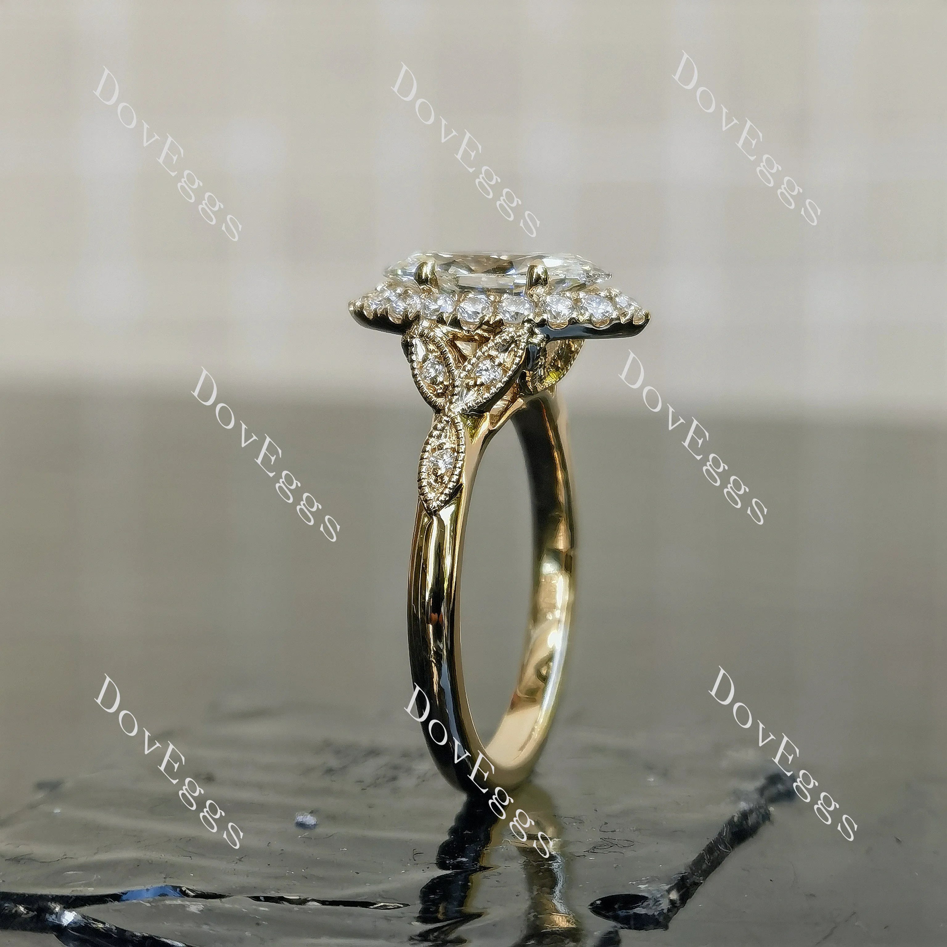 Marquise halo side stones art deco moissanite engagement ring| DovEggs