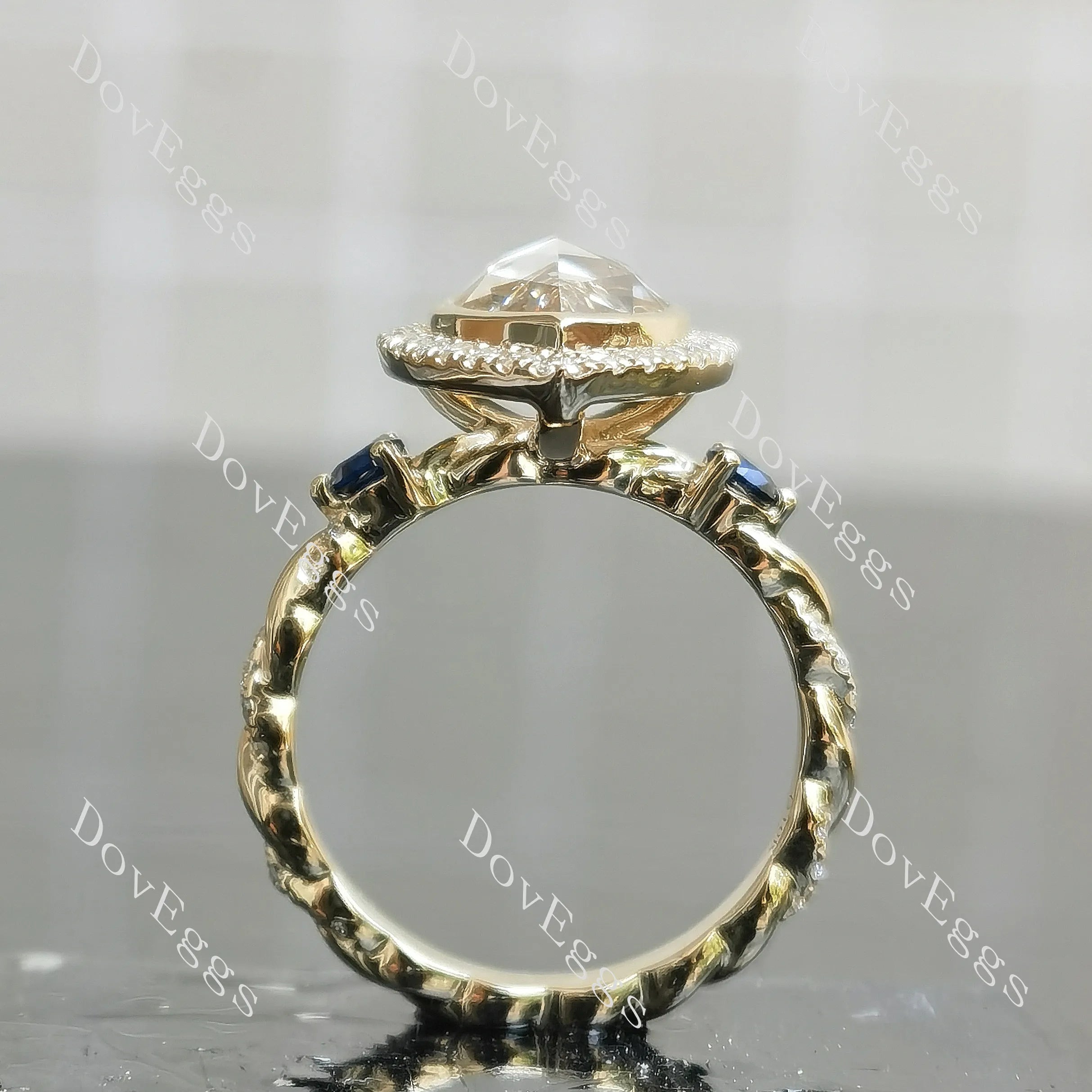 Pear bezel halo art deco moissanite engagement ring| DovEggs