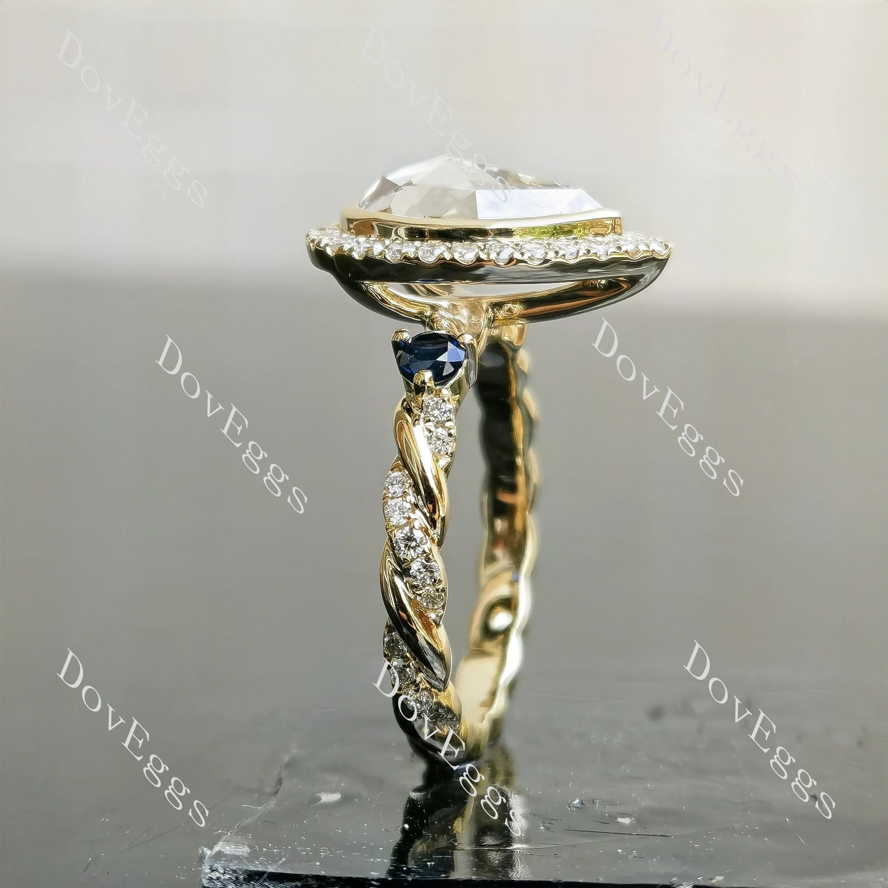 Pear bezel halo art deco moissanite engagement ring| DovEggs