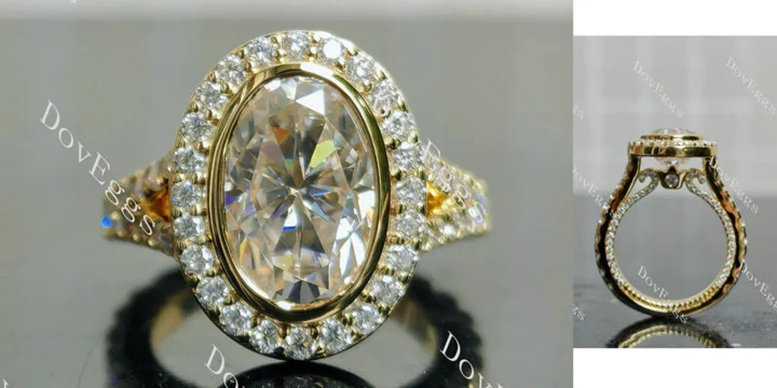 Oval bezel halo split shanks 3/4 eternity moissanite engagement ring| DovEggs
