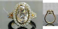 Oval bezel halo split shanks 3/4 eternity moissanite engagement ring| DovEggs