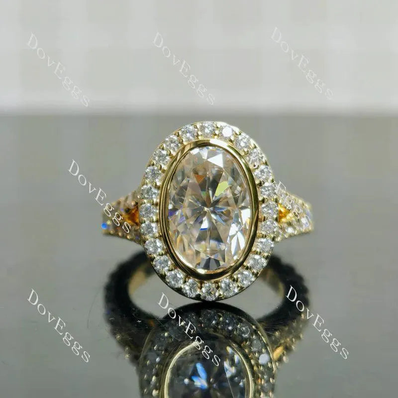 Oval bezel halo split shanks 3/4 eternity moissanite engagement ring| DovEggs