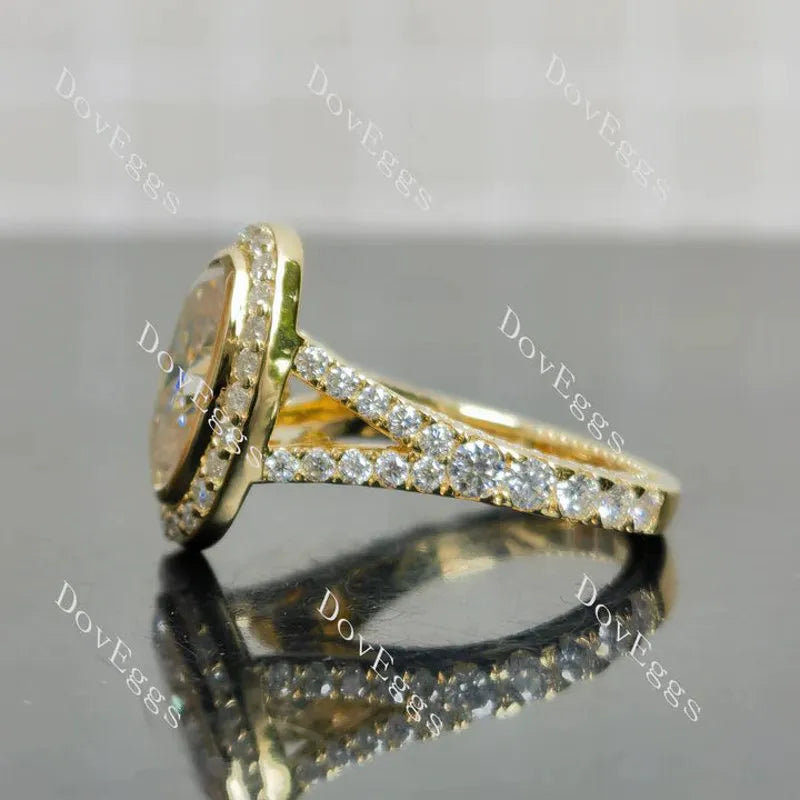 Oval bezel halo split shanks 3/4 eternity moissanite engagement ring| DovEggs
