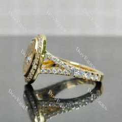 Oval bezel halo split shanks 3/4 eternity moissanite engagement ring| DovEggs