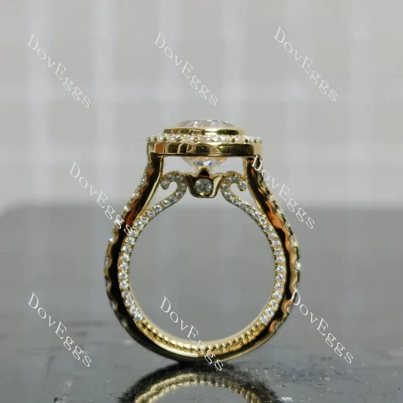 Oval bezel halo split shanks 3/4 eternity moissanite engagement ring| DovEggs