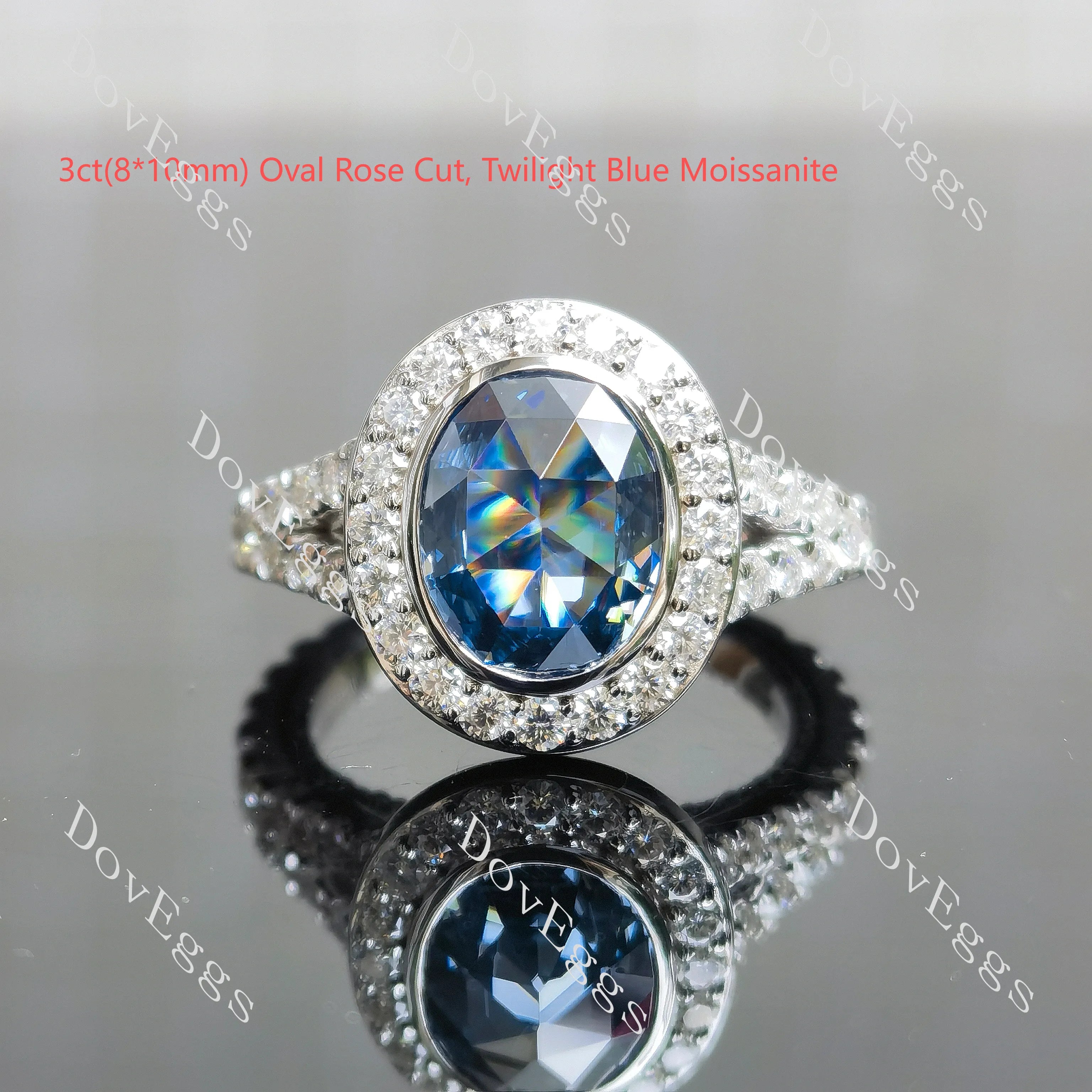 Oval bezel halo split shanks 3/4 eternity moissanite engagement ring| DovEggs
