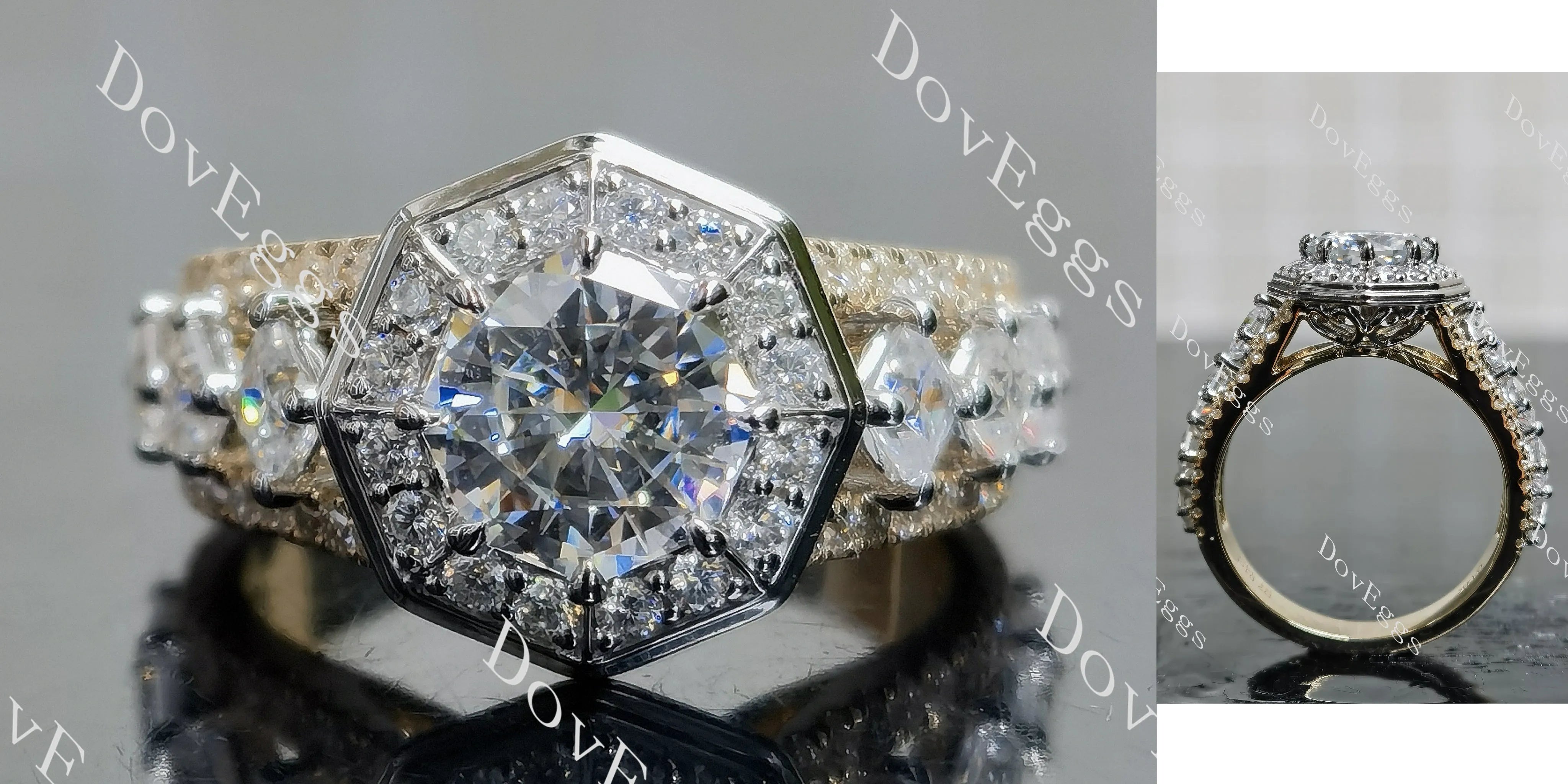 Octagon art deco halo 3/4 eternity moissanite engagement ring| DovEggs