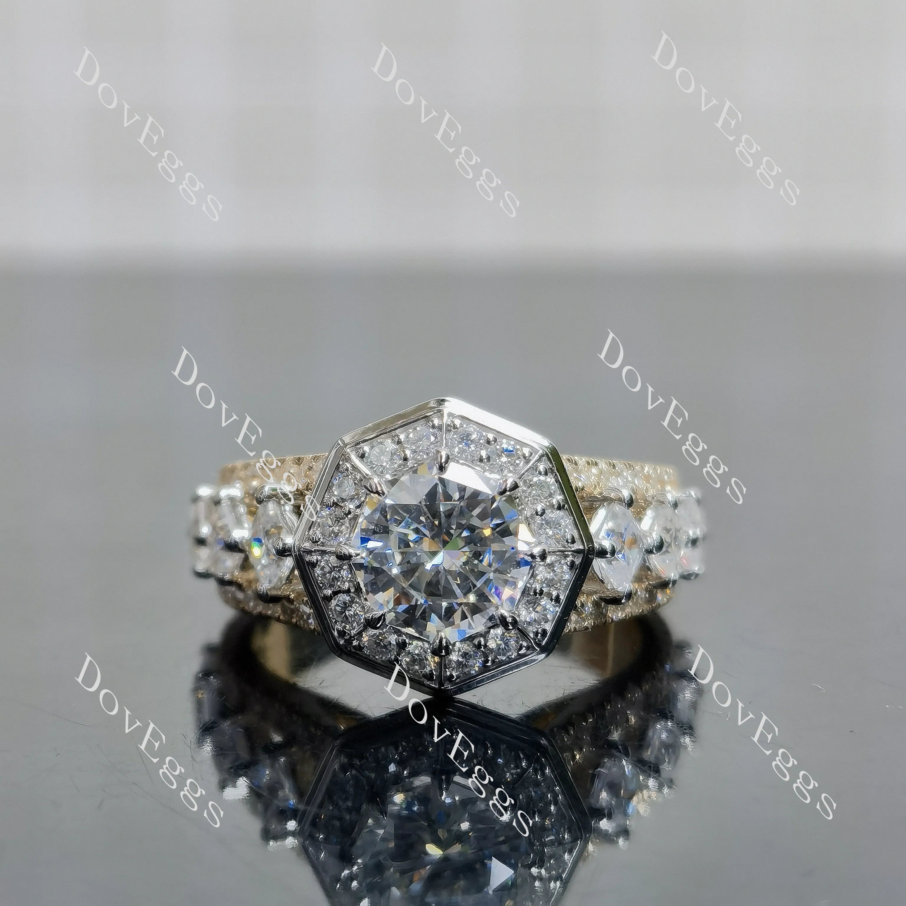 Octagon art deco halo 3/4 eternity moissanite engagement ring| DovEggs