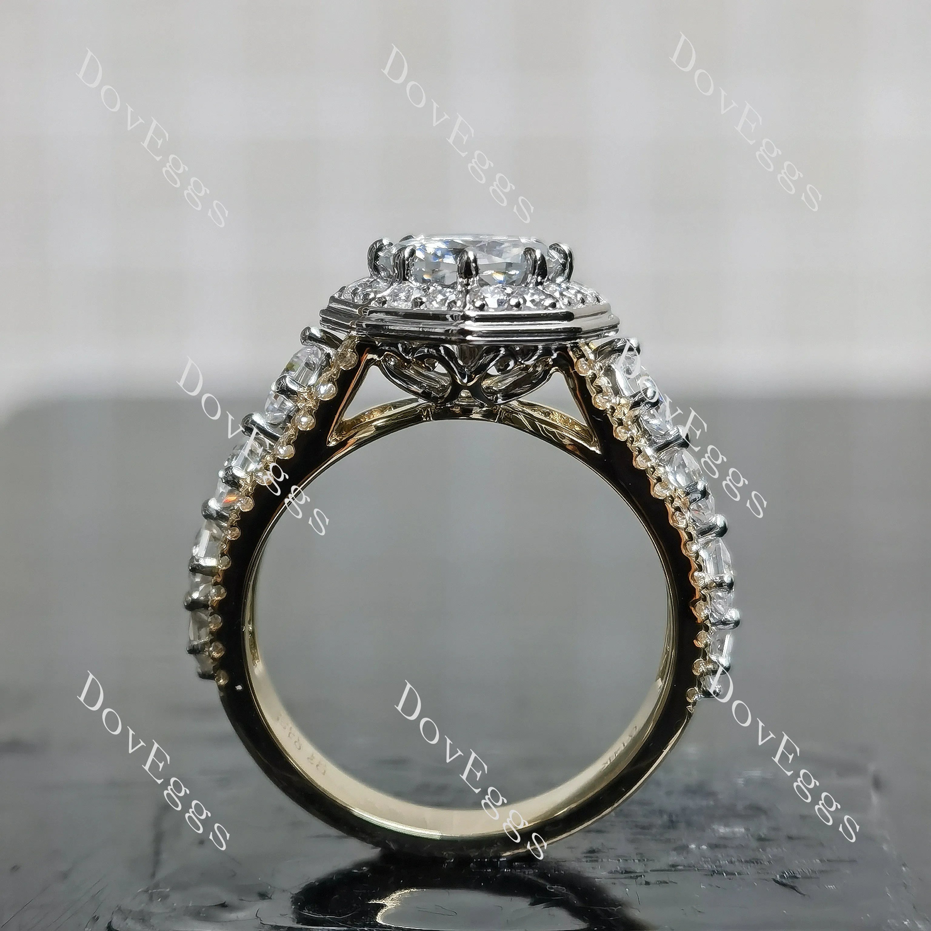 Octagon art deco halo 3/4 eternity moissanite engagement ring| DovEggs