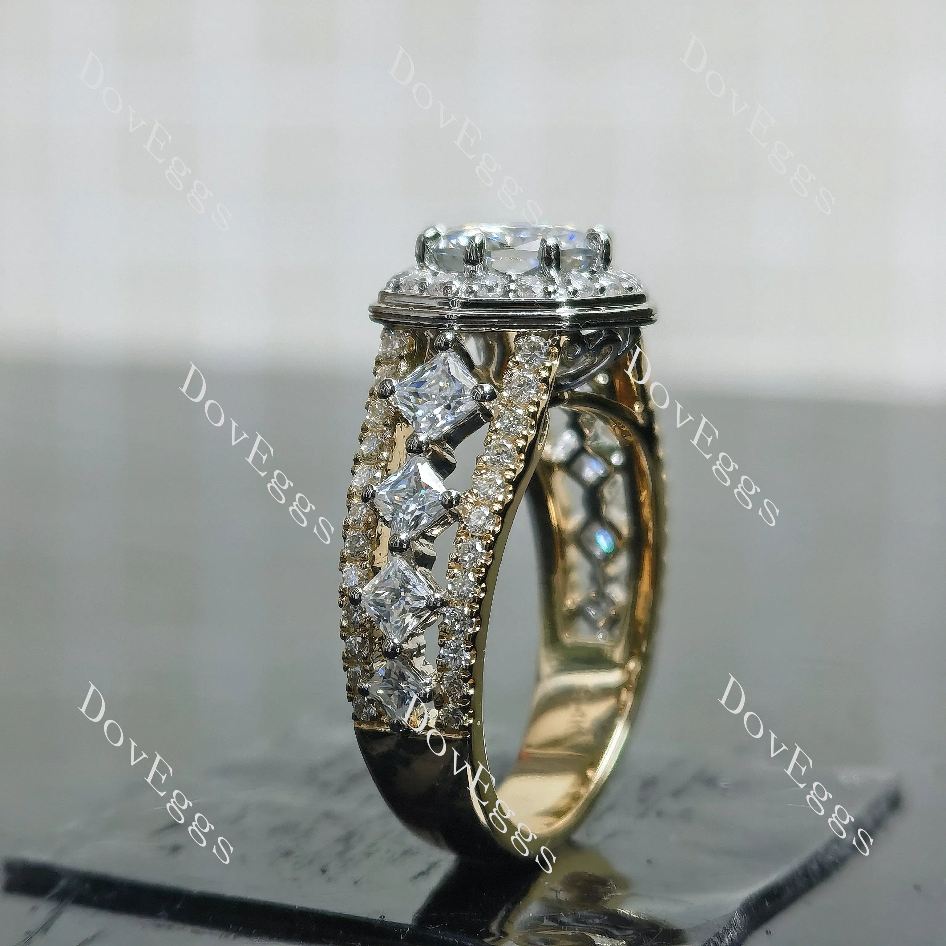 Octagon art deco halo 3/4 eternity moissanite engagement ring| DovEggs