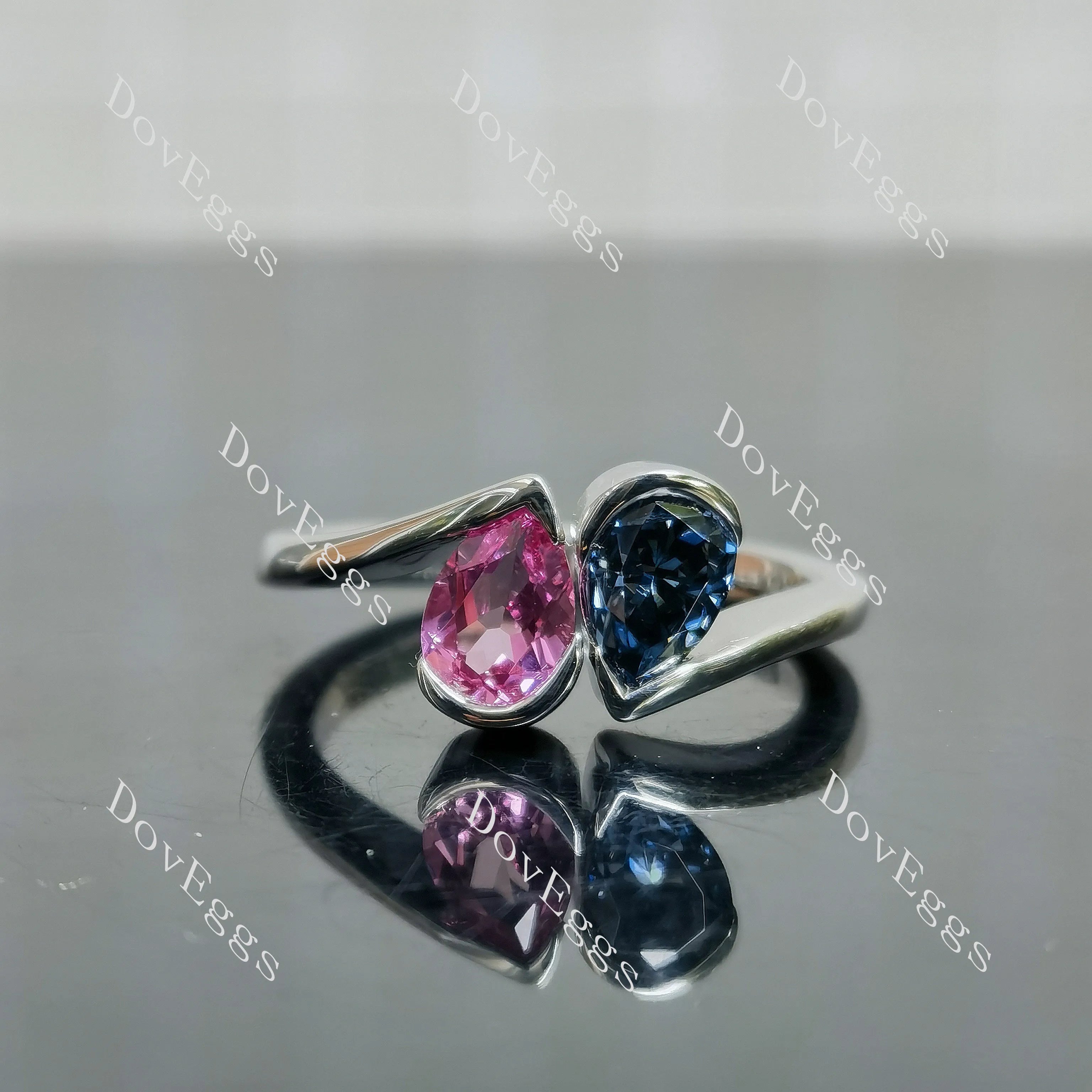 Pear bezel two stones twilight blue moissanite & colored gem engagement ring| DovEggs