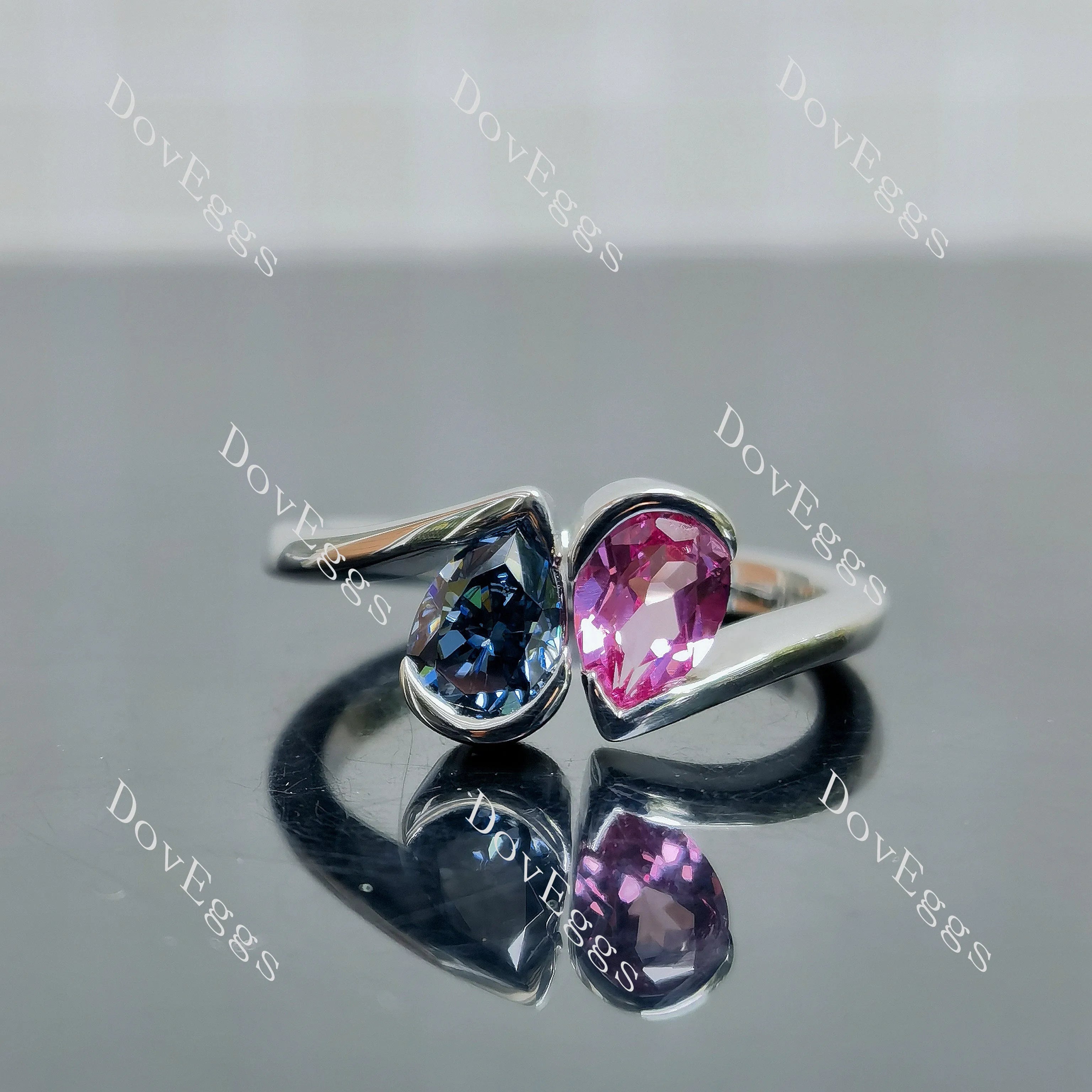 Pear bezel two stones twilight blue moissanite & colored gem engagement ring| DovEggs