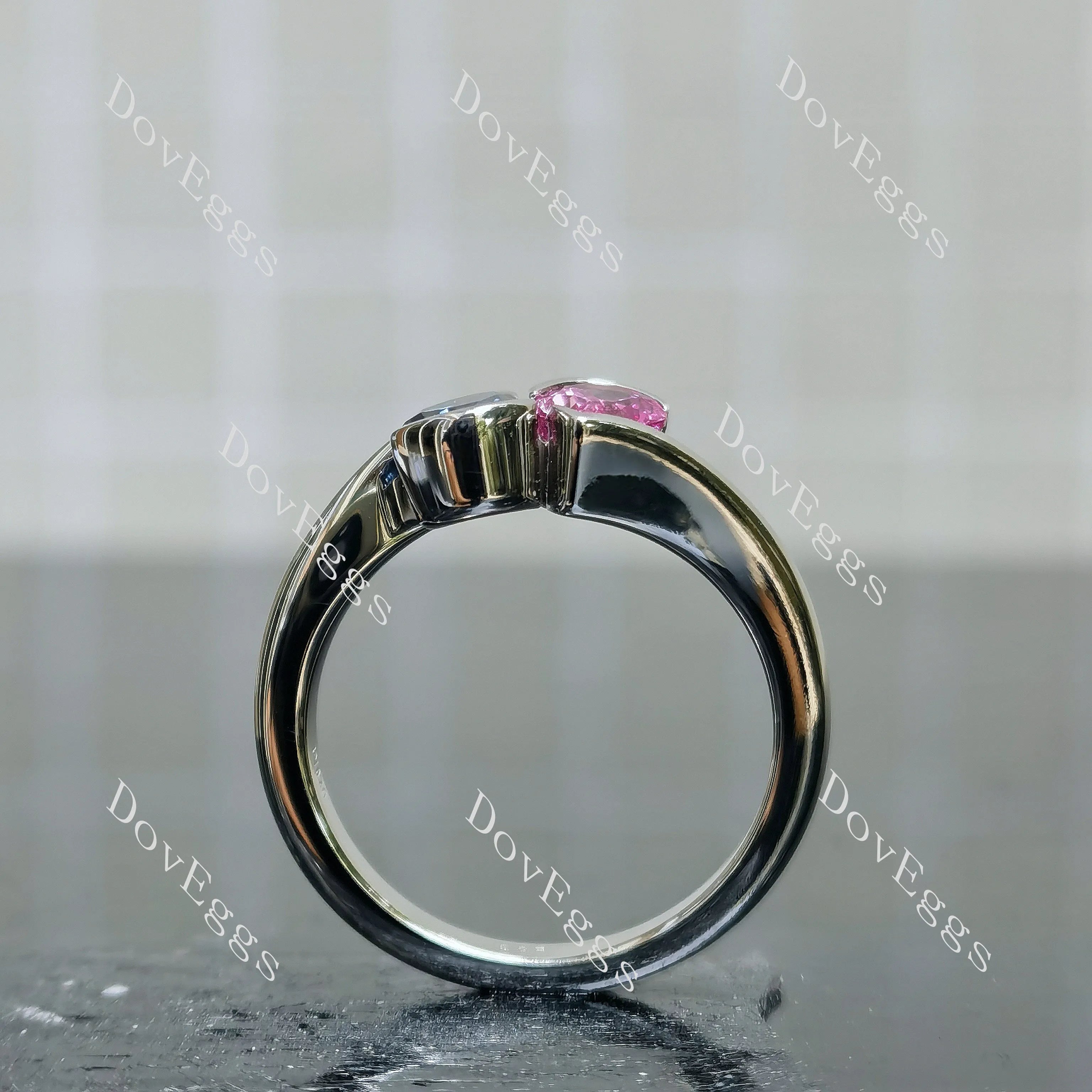 Pear bezel two stones twilight blue moissanite & colored gem engagement ring| DovEggs