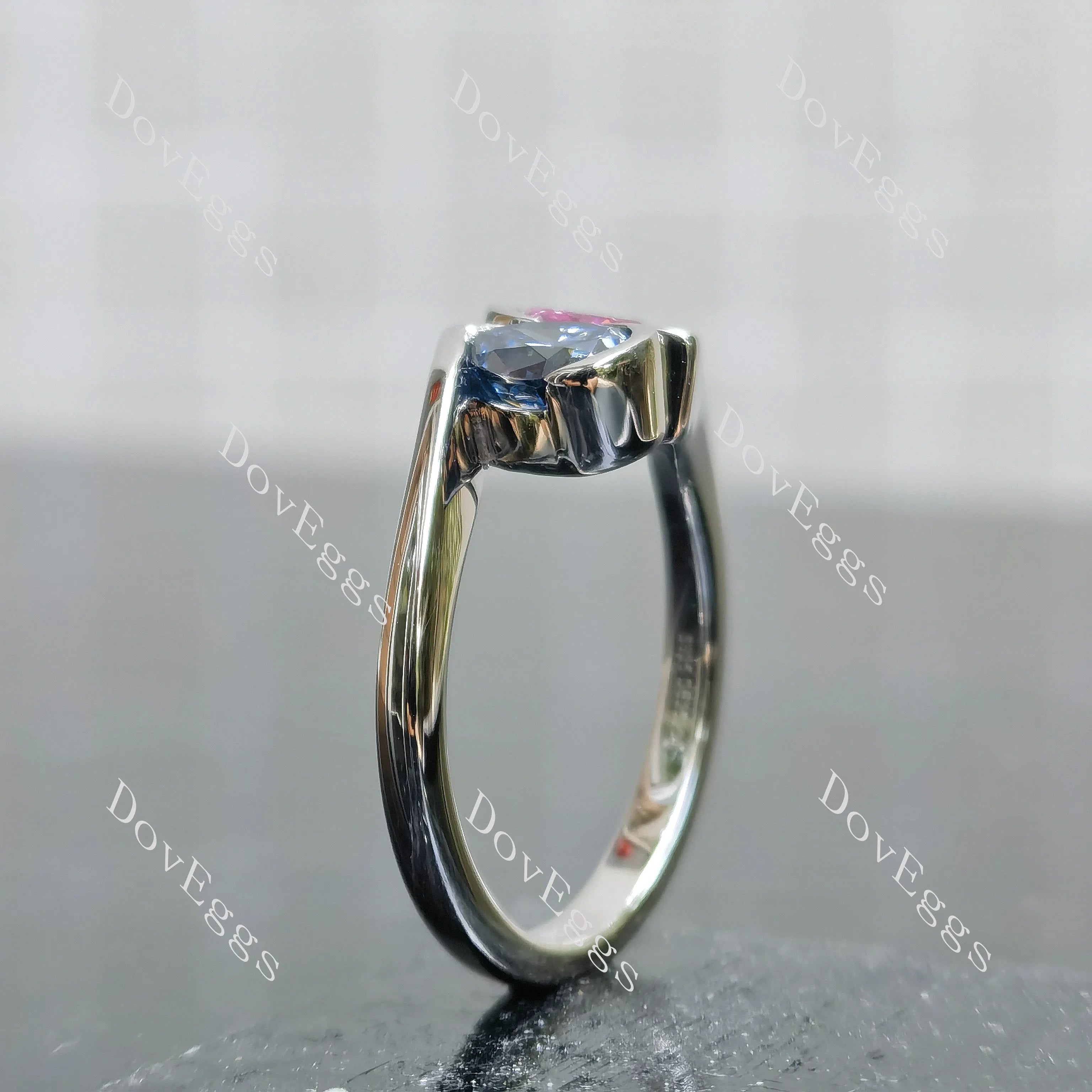 Pear bezel two stones twilight blue moissanite & colored gem engagement ring| DovEggs