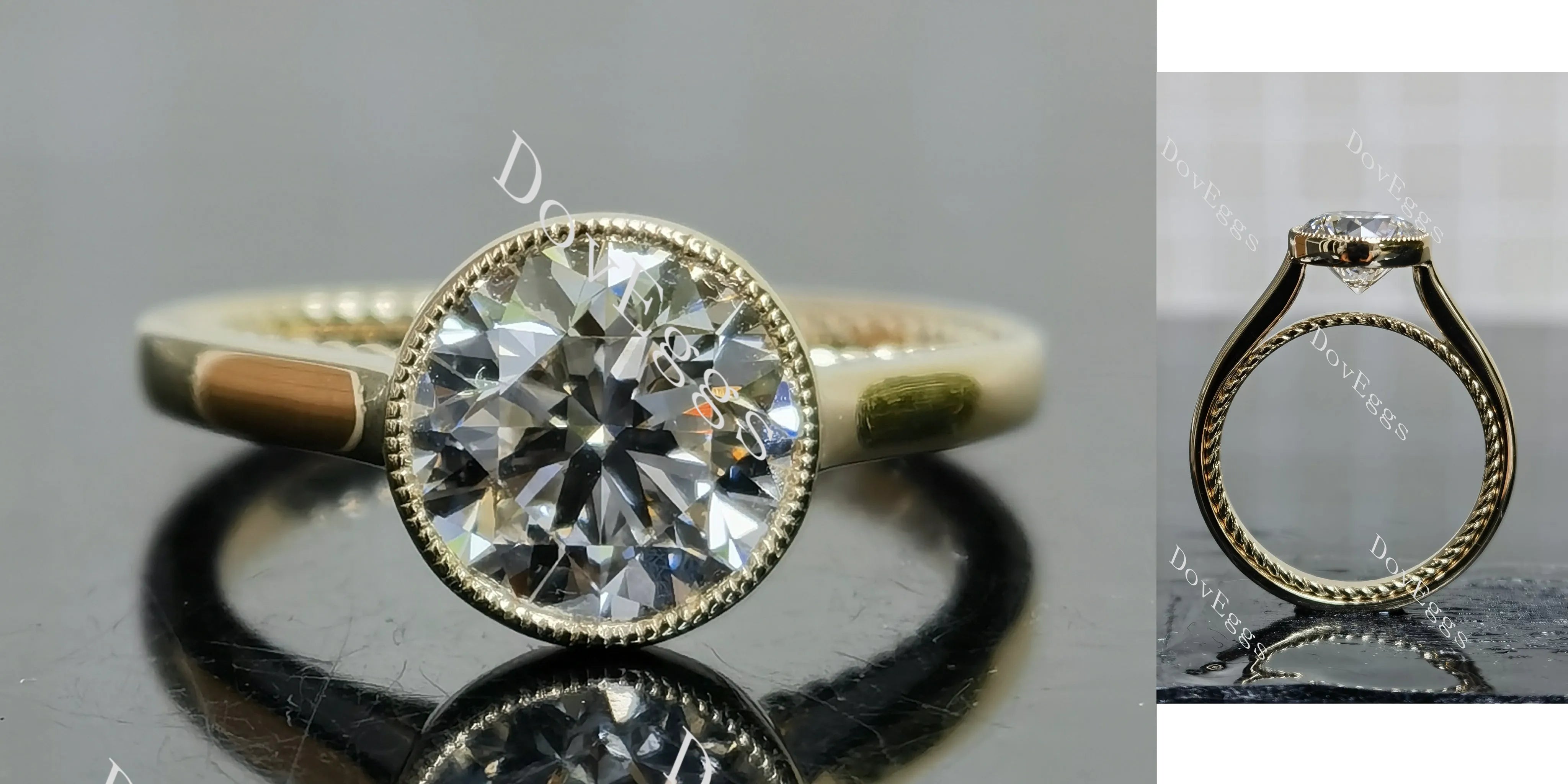 Round bezel solitaire moissanite engagement ring| DovEggs