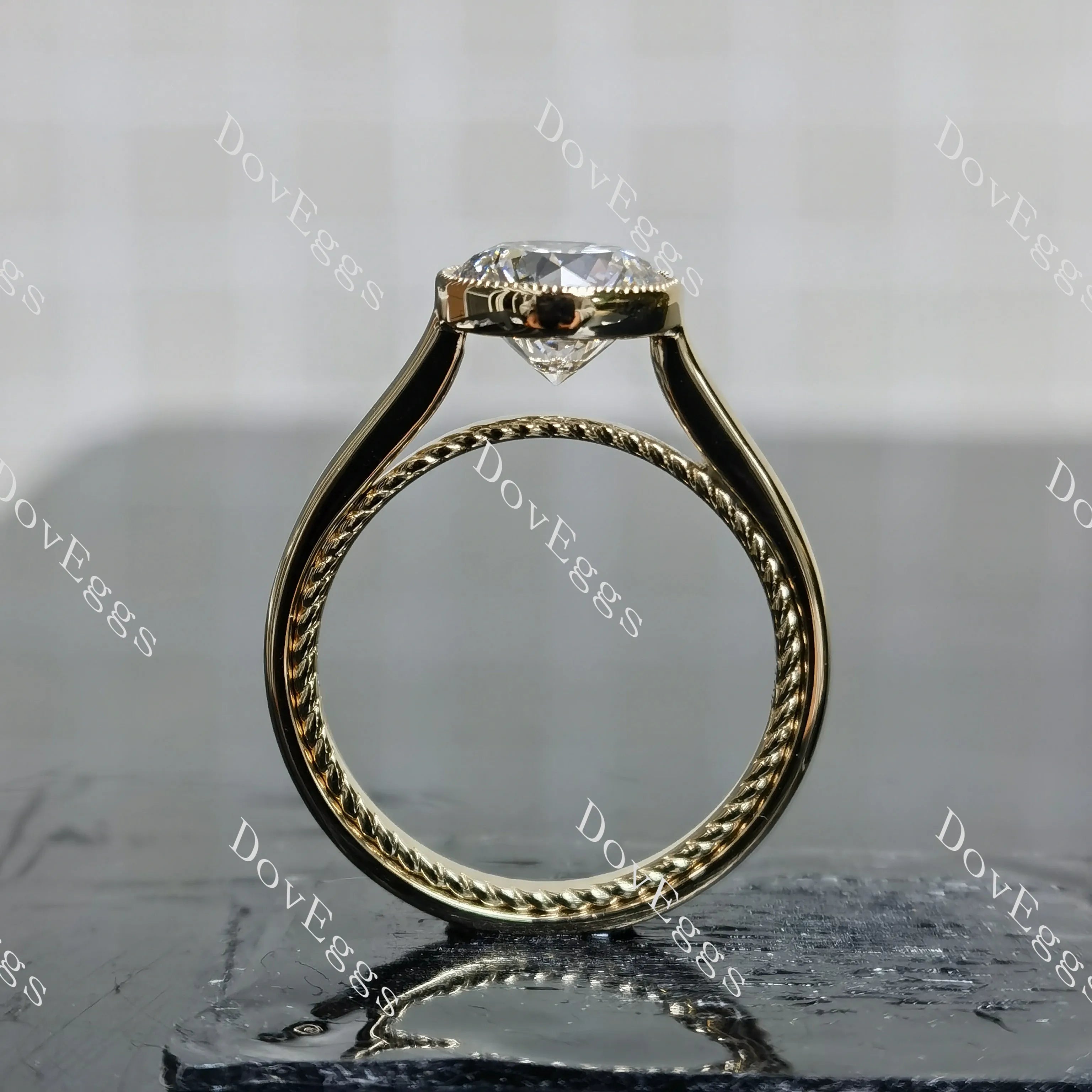 Round bezel solitaire moissanite engagement ring| DovEggs