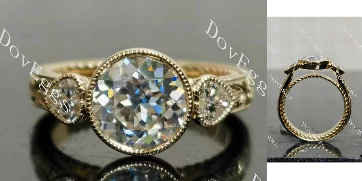 Tin's'Ohana-Round bezel carved vintage three stones moissanite engagement ring| DovEggs