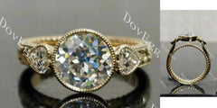 Tin's'Ohana-Round bezel carved vintage three stones moissanite engagement ring| DovEggs