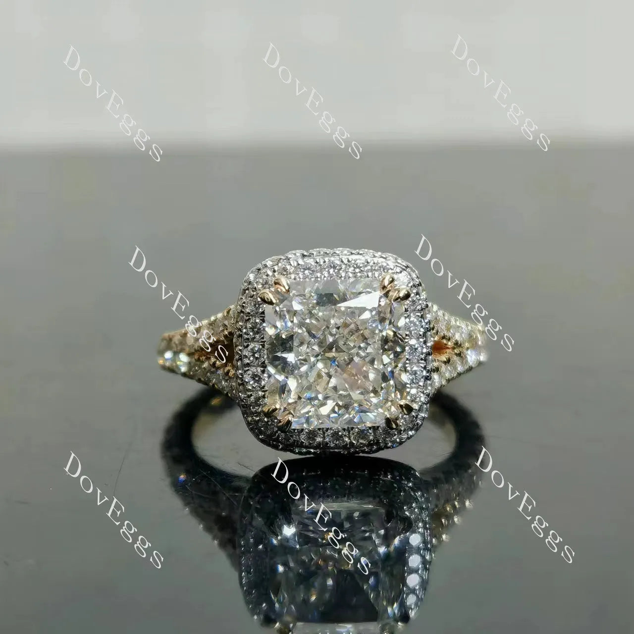 Radaint halo split shanks pave moissanite engagement ring| DovEggs
