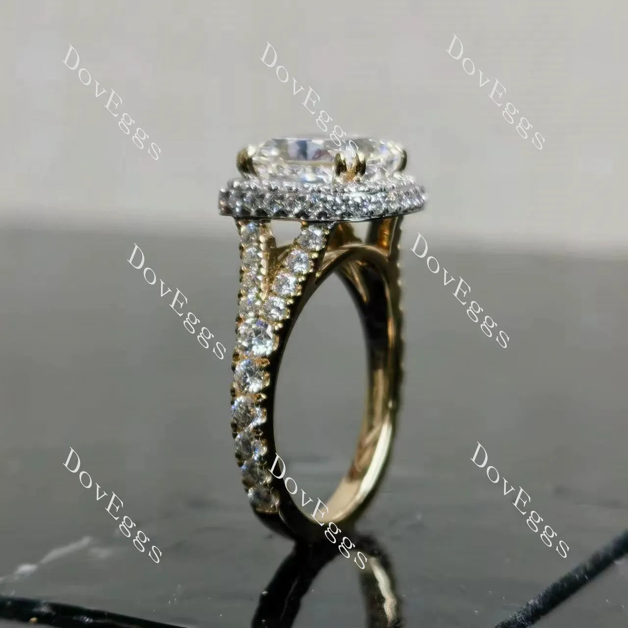 Radaint halo split shanks pave moissanite engagement ring| DovEggs