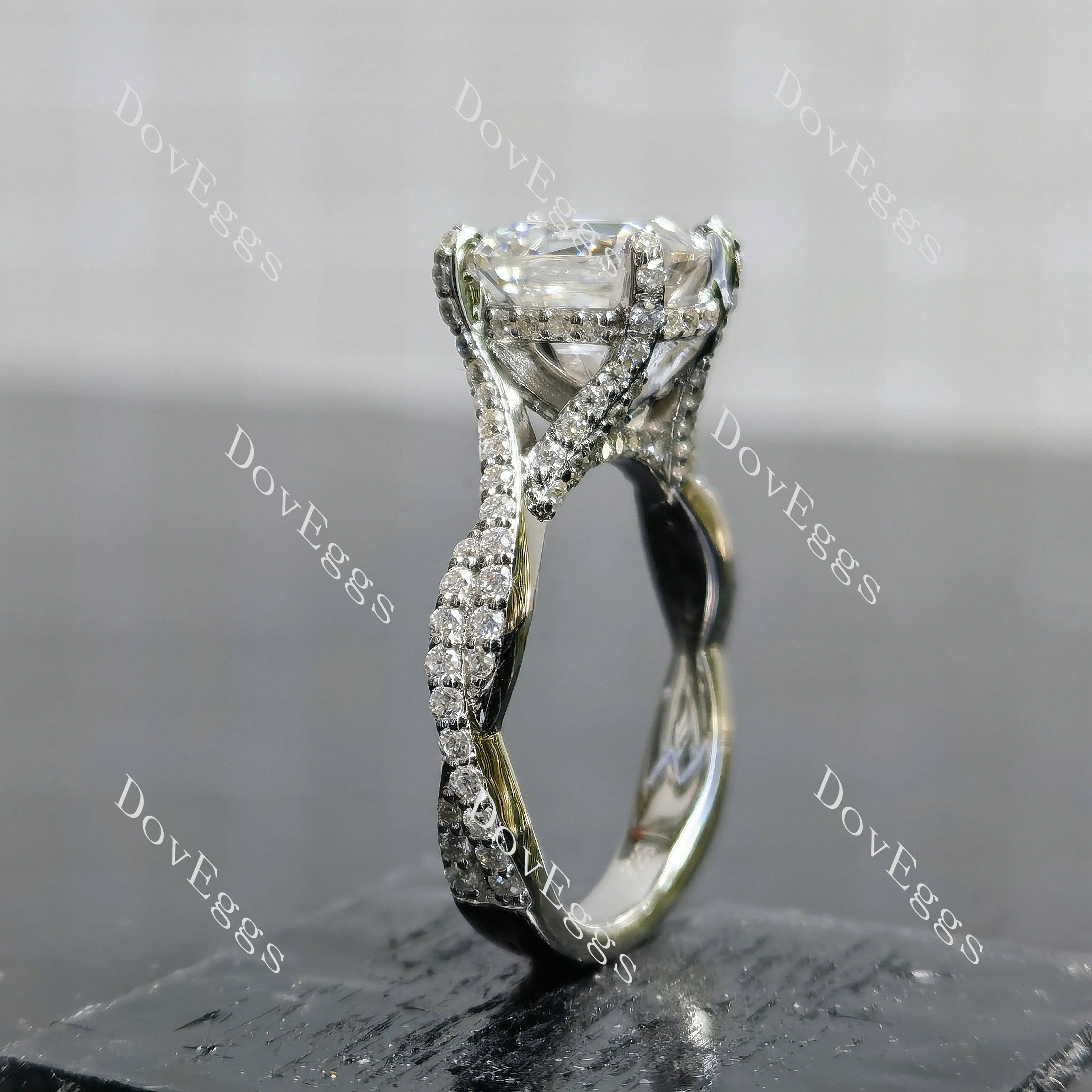 Carissa's Dream-Cushion split shanks moissanite engagement ring| DovEggs
