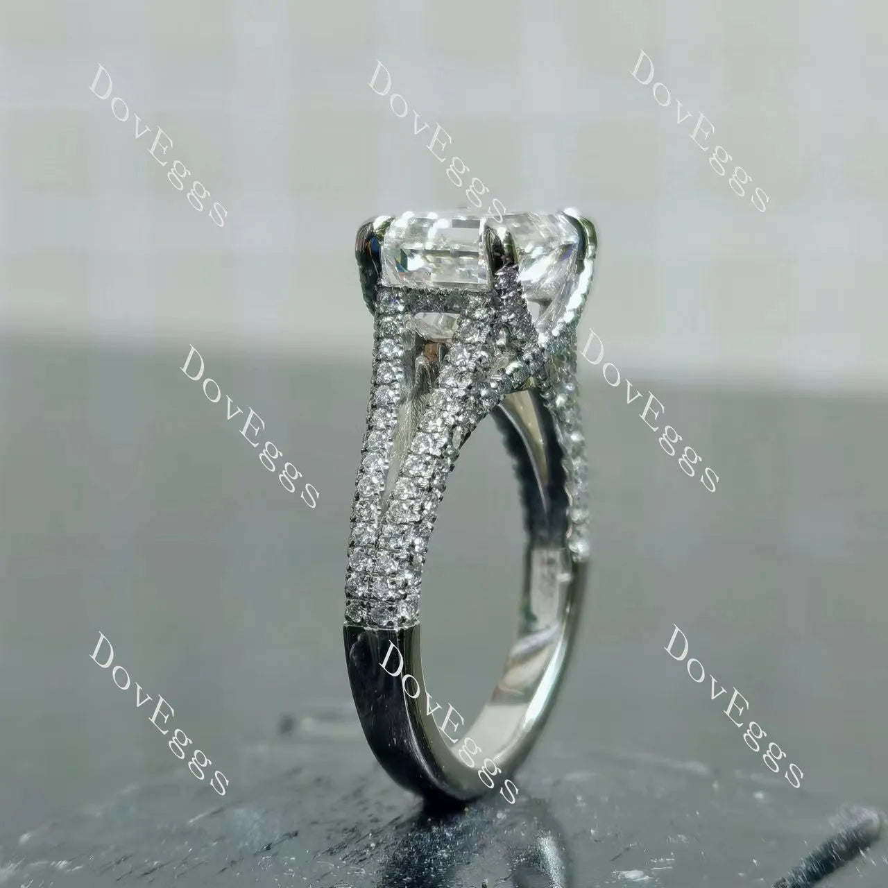 Amanda's Endless Fire-Emerald split shanks pave moissanite engagement ring| DovEggs