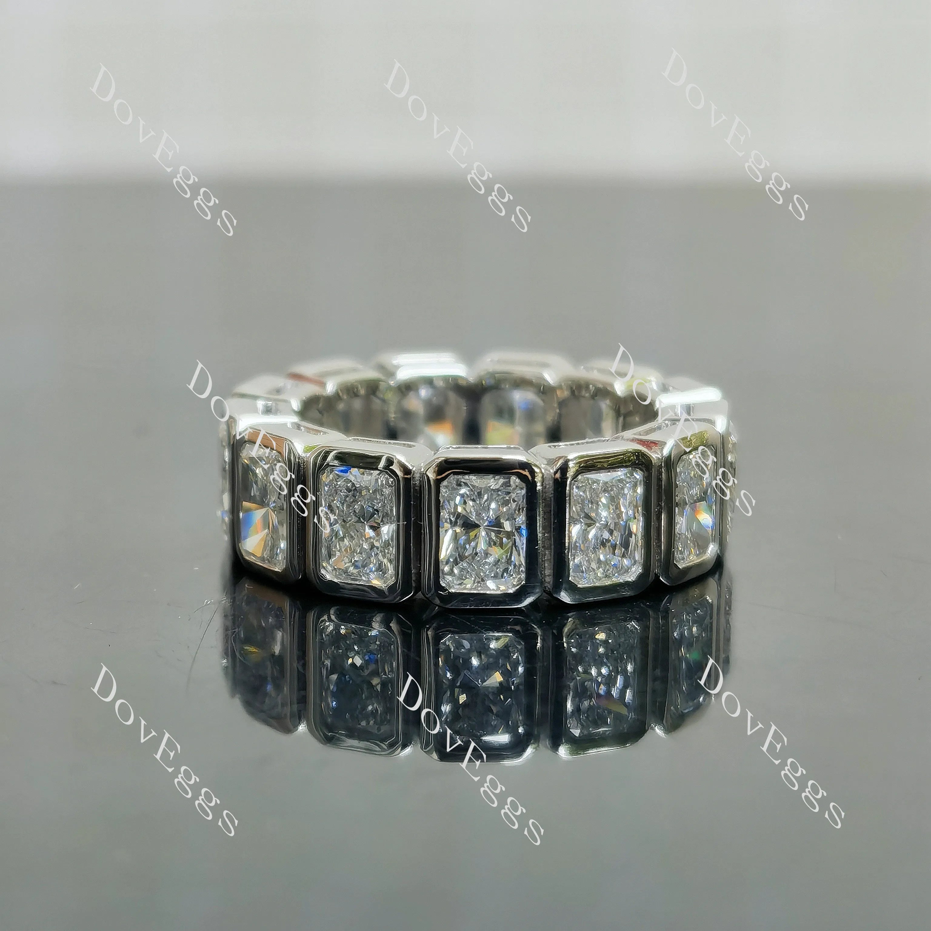 Radiant full eternity bezel moissanite/lab grown diamond accents wedding band-6.4mm band width| DovEggs