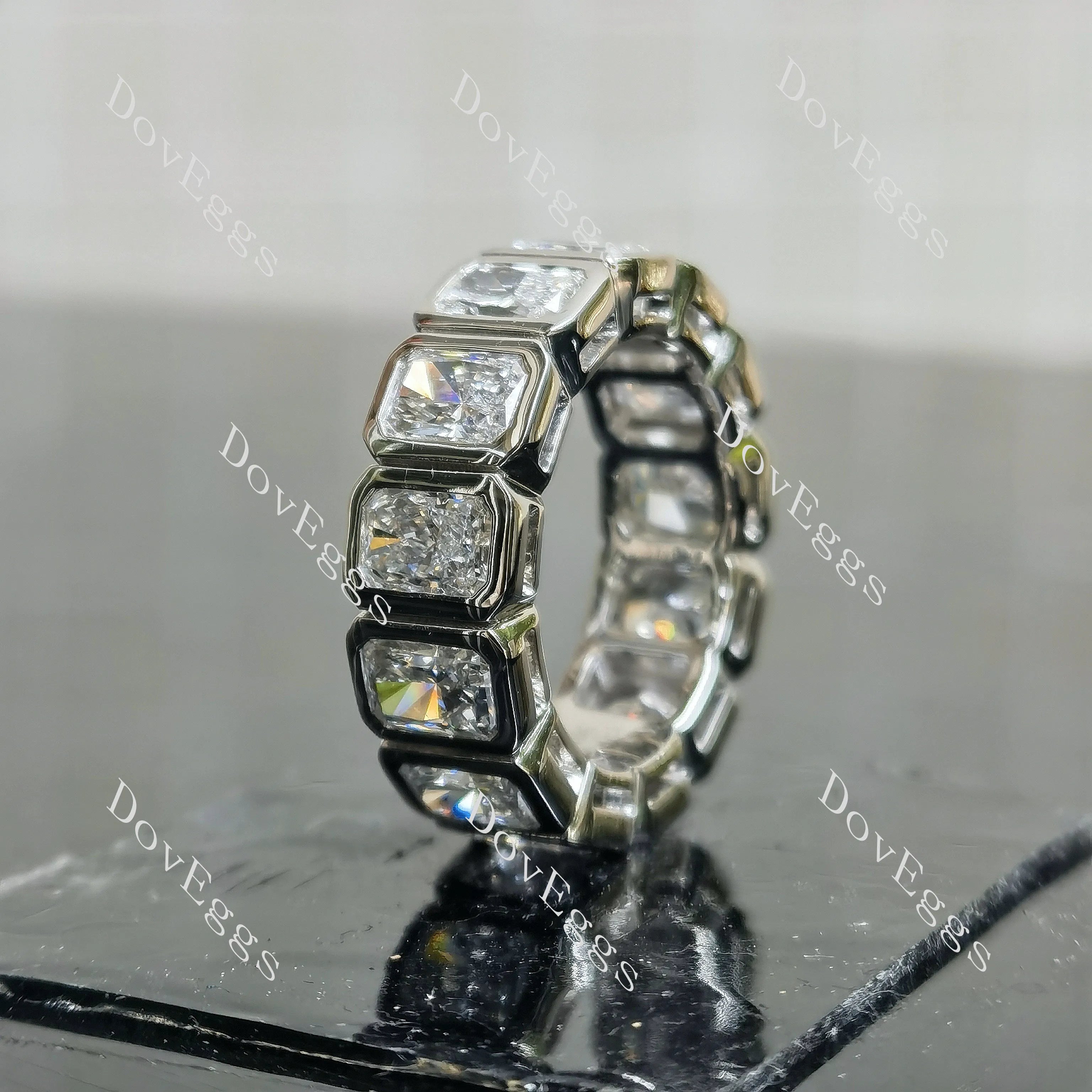 Radiant full eternity bezel moissanite/lab grown diamond accents wedding band-6.4mm band width| DovEggs