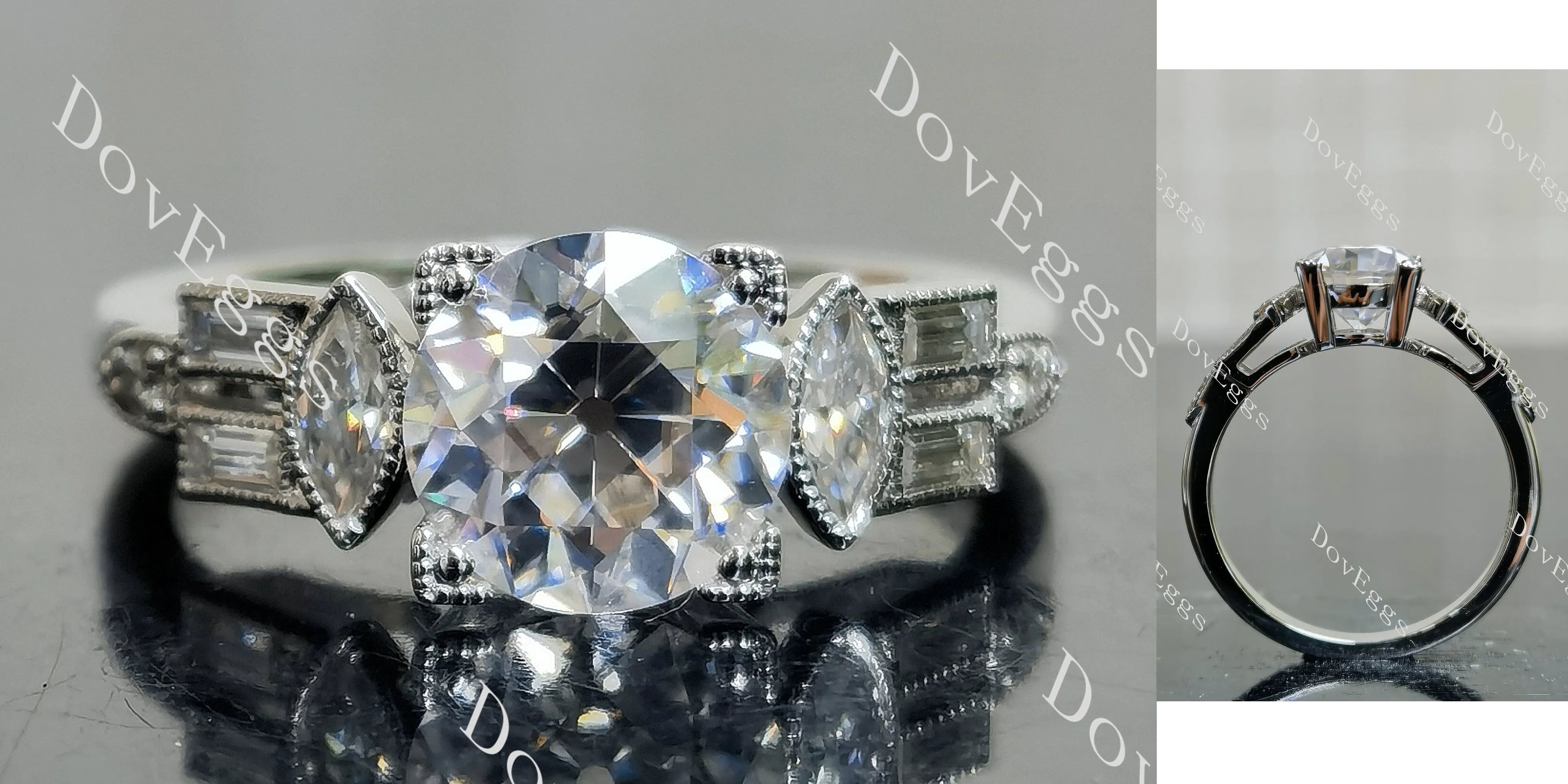 Round vintage delicate side stones moissanite engagement ring| DovEggs
