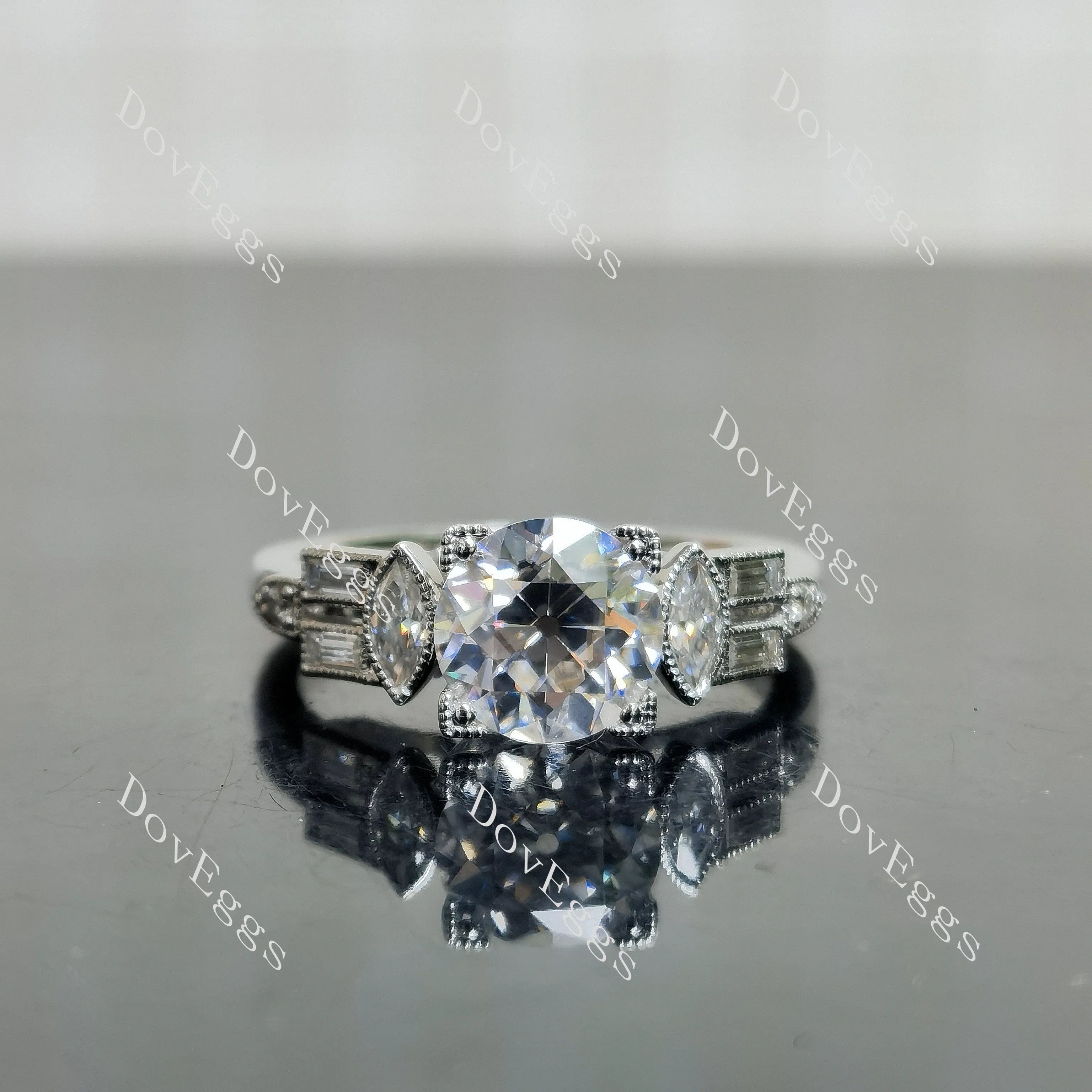 Round vintage delicate side stones moissanite engagement ring| DovEggs