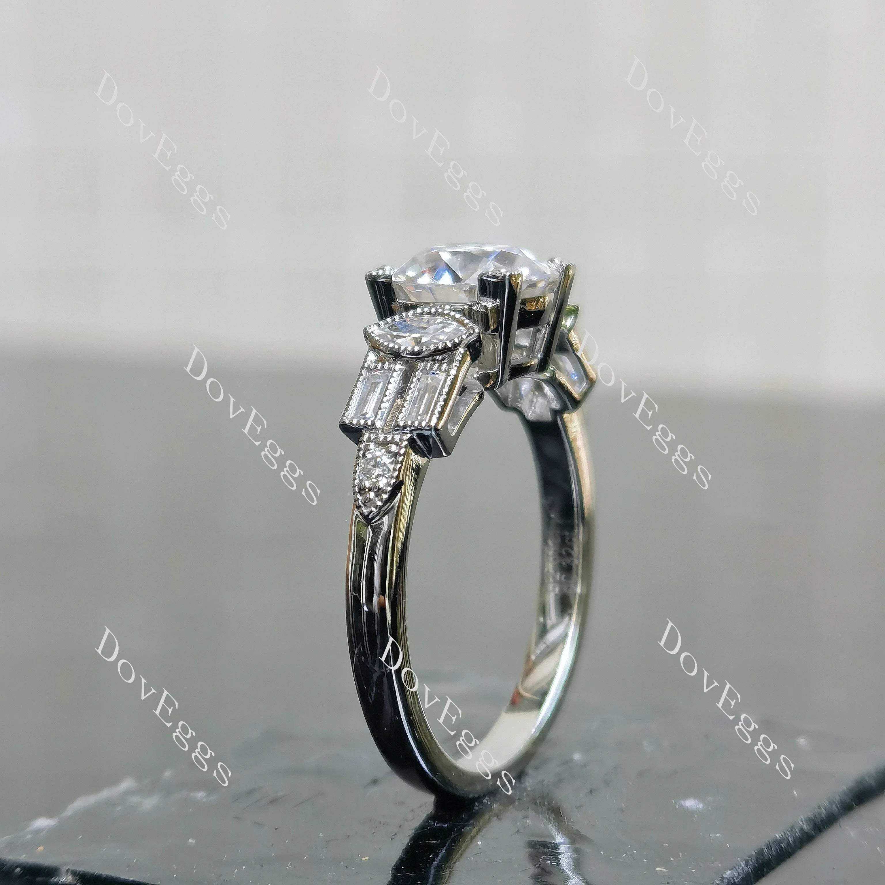 Round vintage delicate side stones moissanite engagement ring| DovEggs