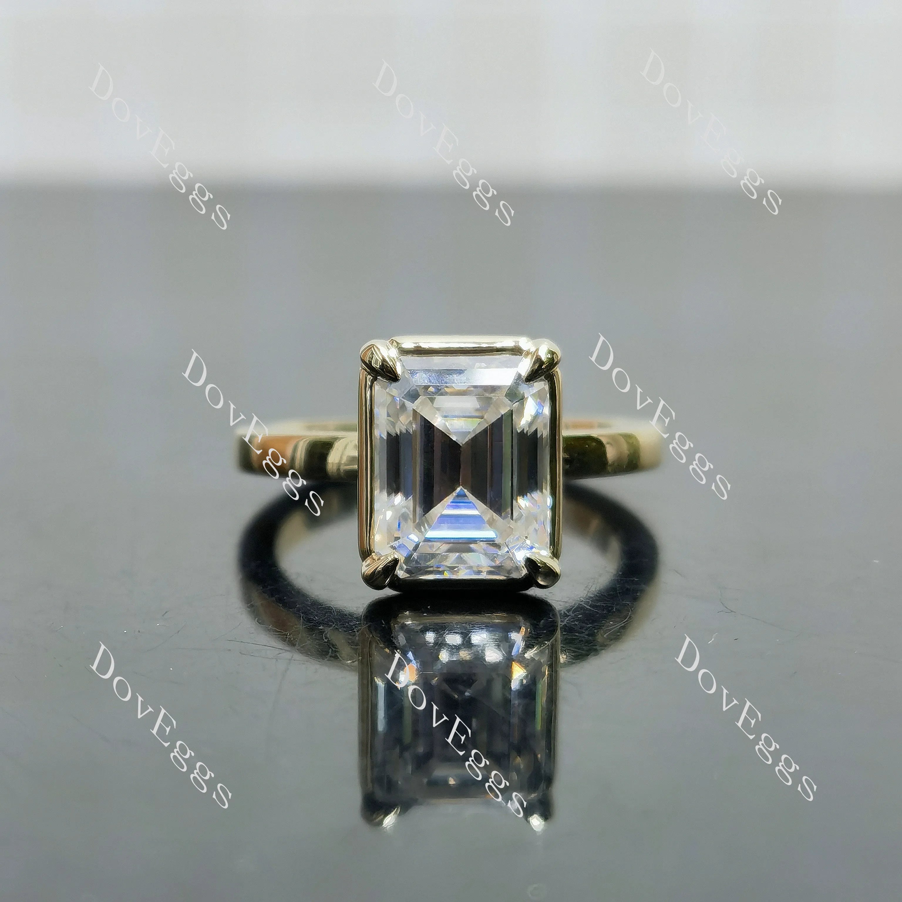 Emerald solitaire bezel moissanite engagement ring| DovEggs