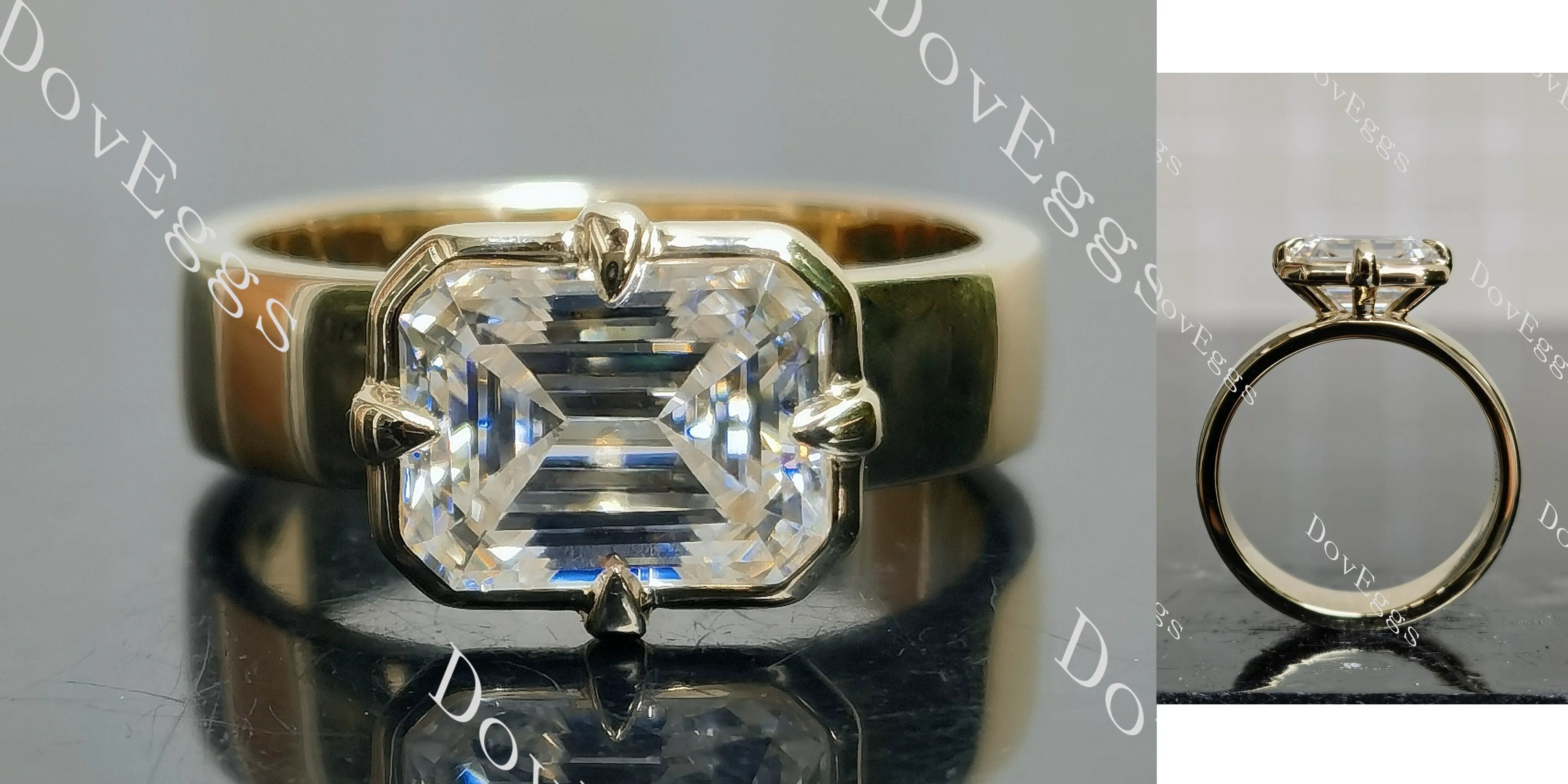 Emerald solitaire bezel moissanite engagement ring| DovEggs