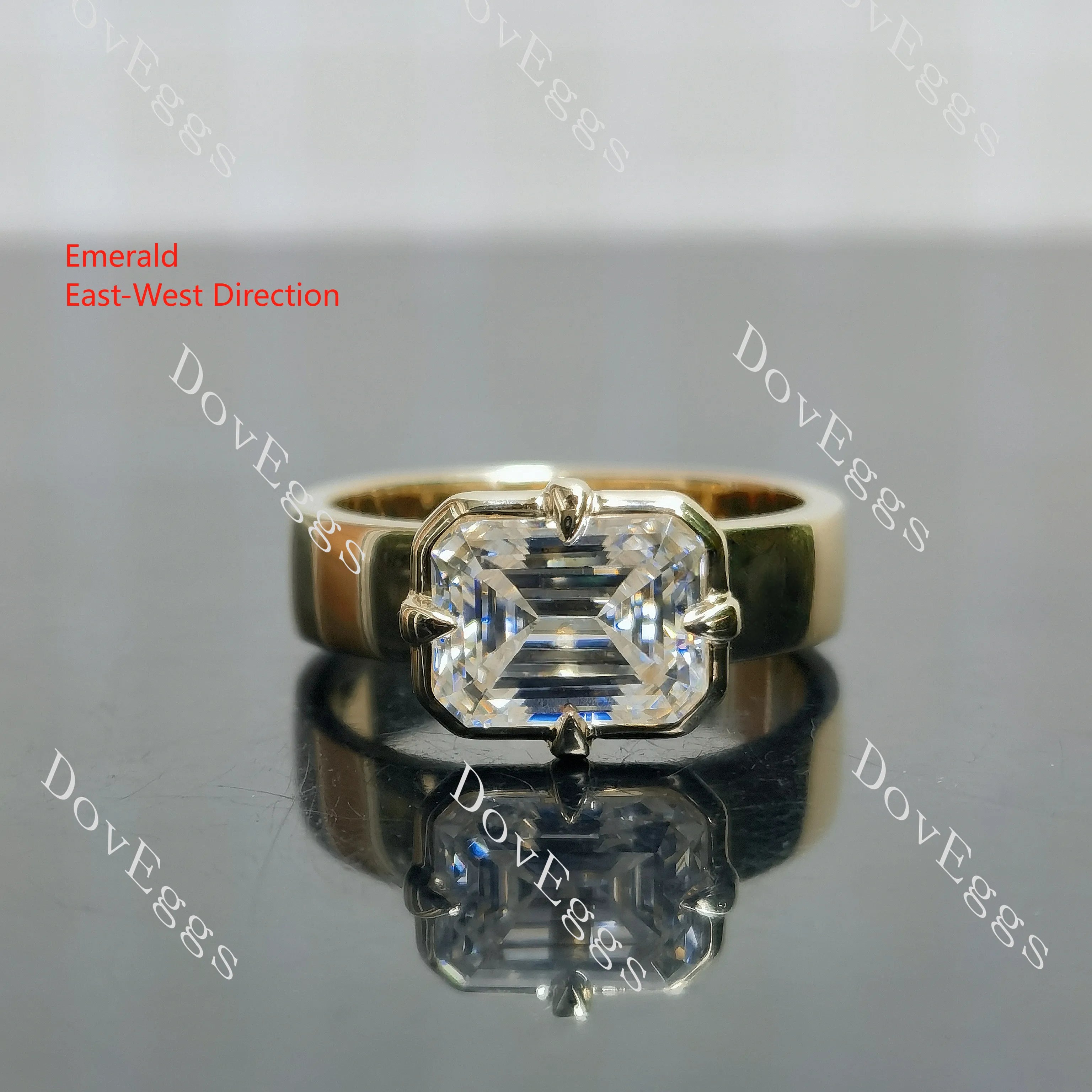 Emerald solitaire bezel moissanite engagement ring| DovEggs
